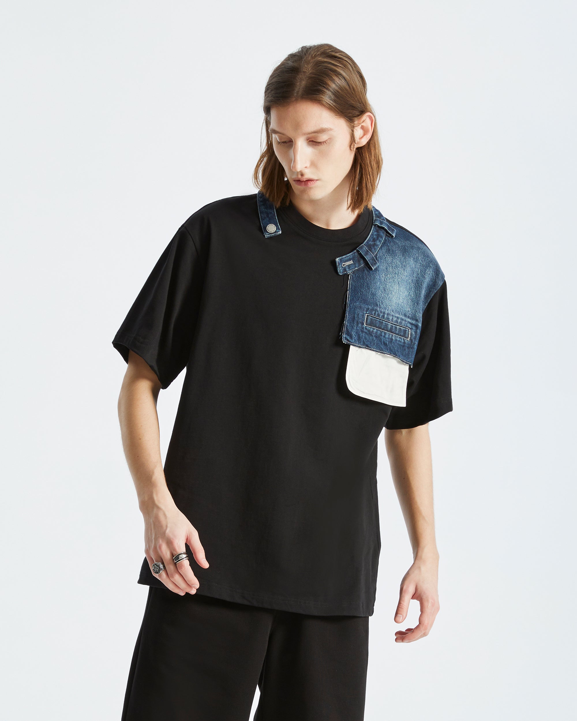 ORGANIC EMOTION Deconstructed Denim Shorts Spliced T-Shirt