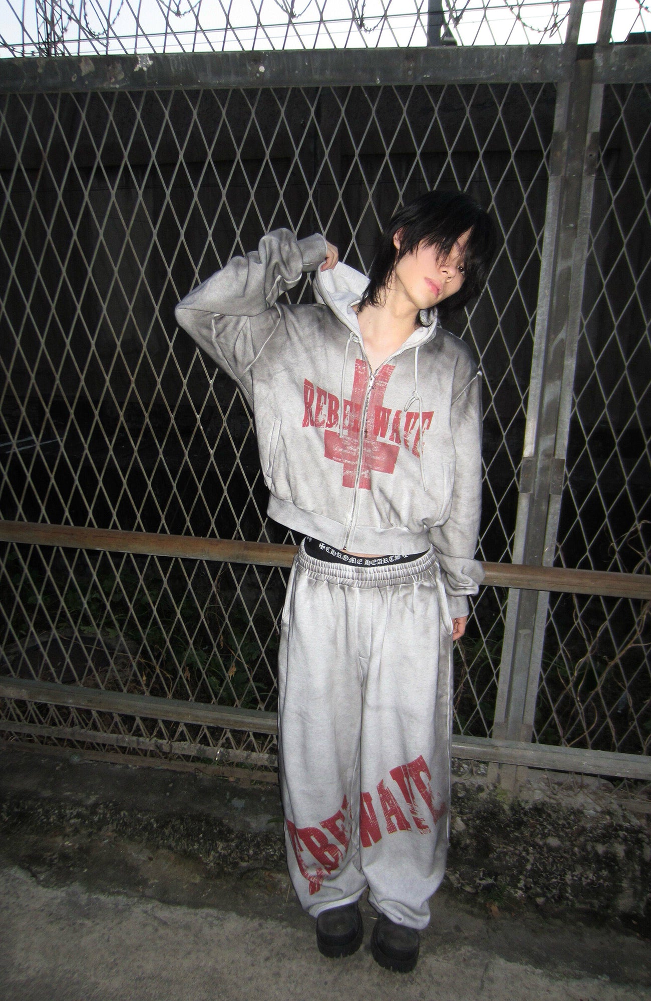 REBEL WAVE Dirty Wash Cross Graphic Zip-Up Hoodie