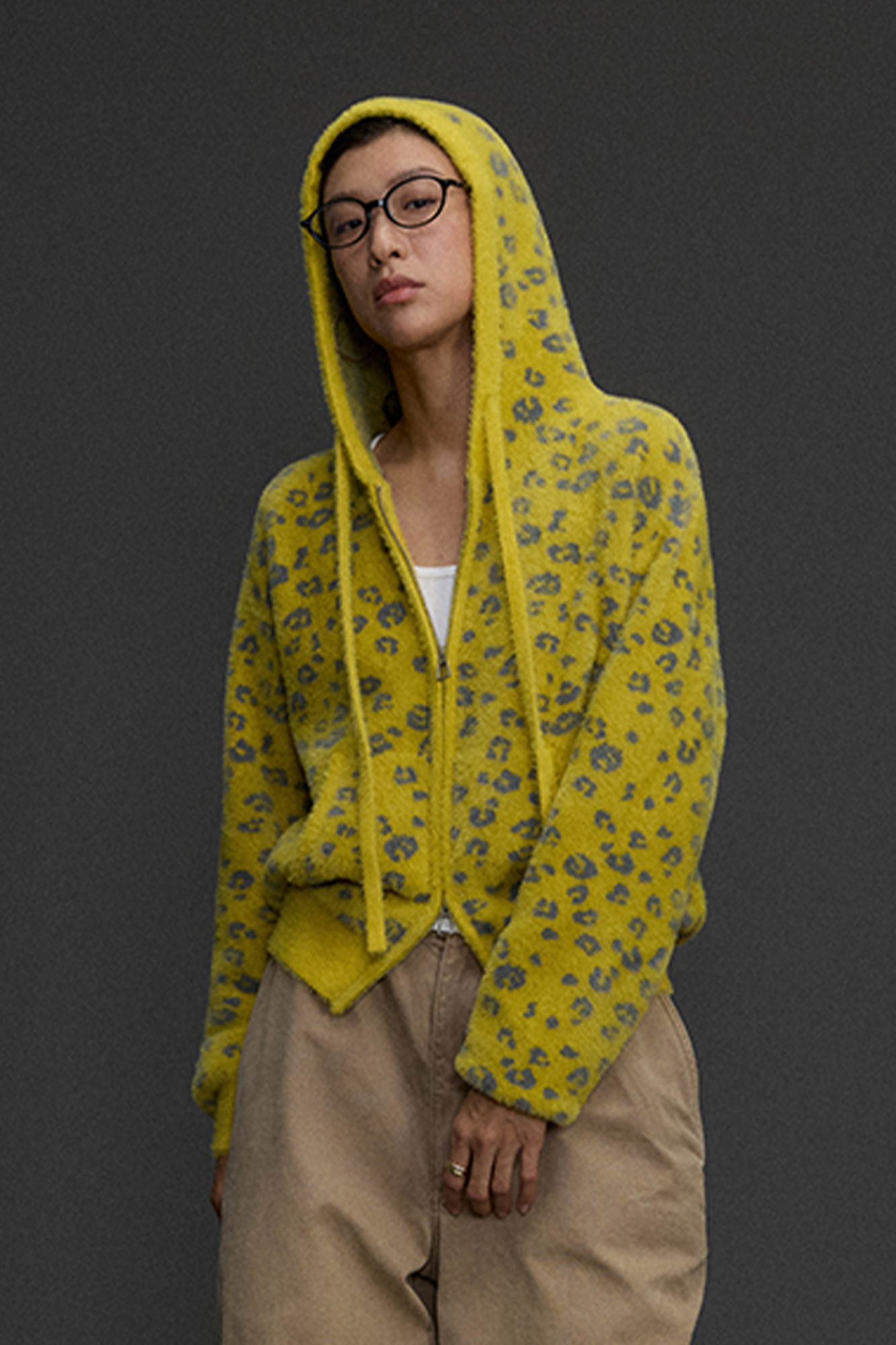 NIANJIUYIKOUER Fuzzy Leopard Jacquard Zip-Up Hoodie Cardigan, premium urban and streetwear designers apparel on PROJECTISR.com, NIANJIUYIKOUER