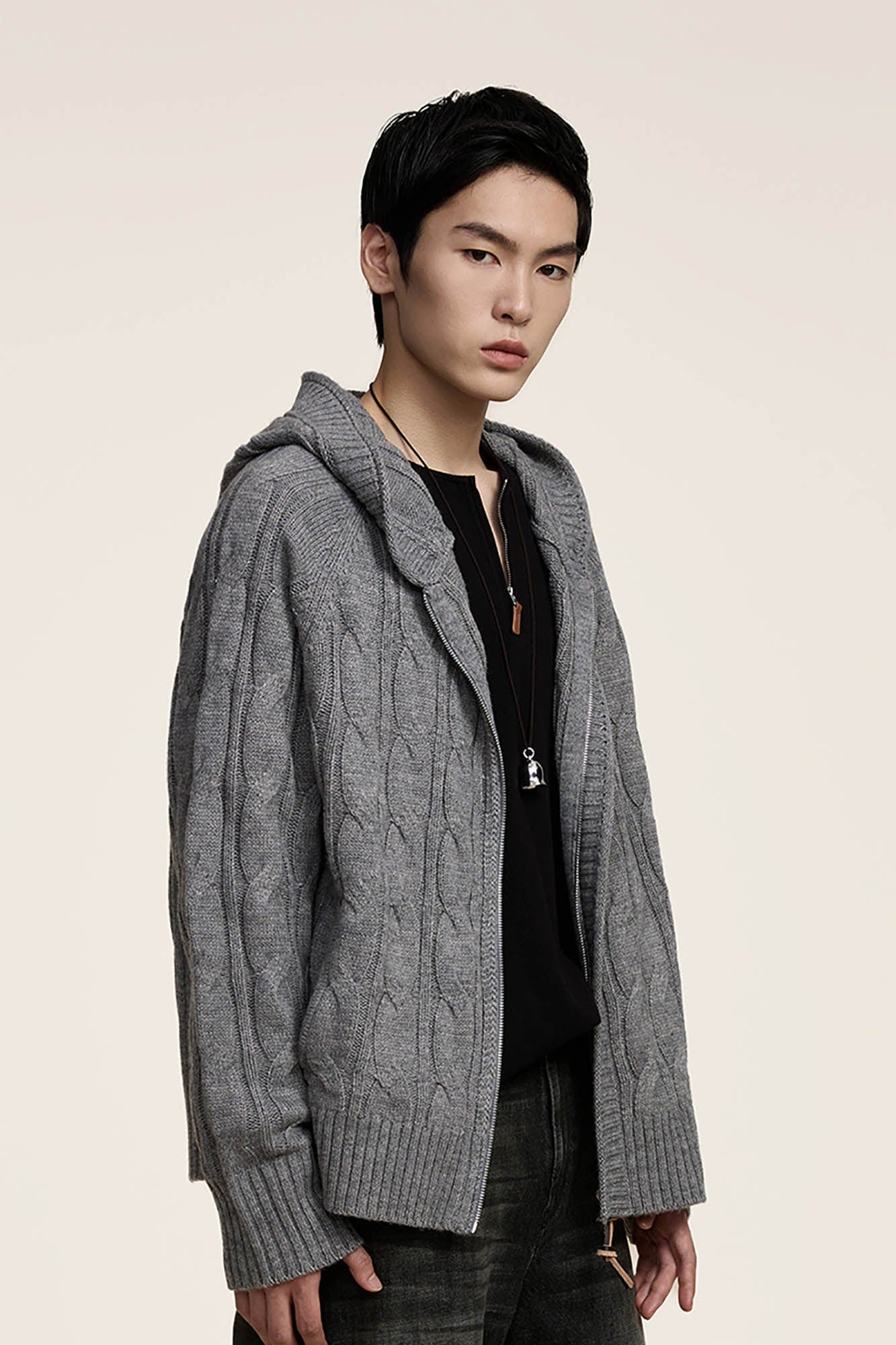 OPICLOTH Cable-Knit Zip-Up Hooded Cardigan