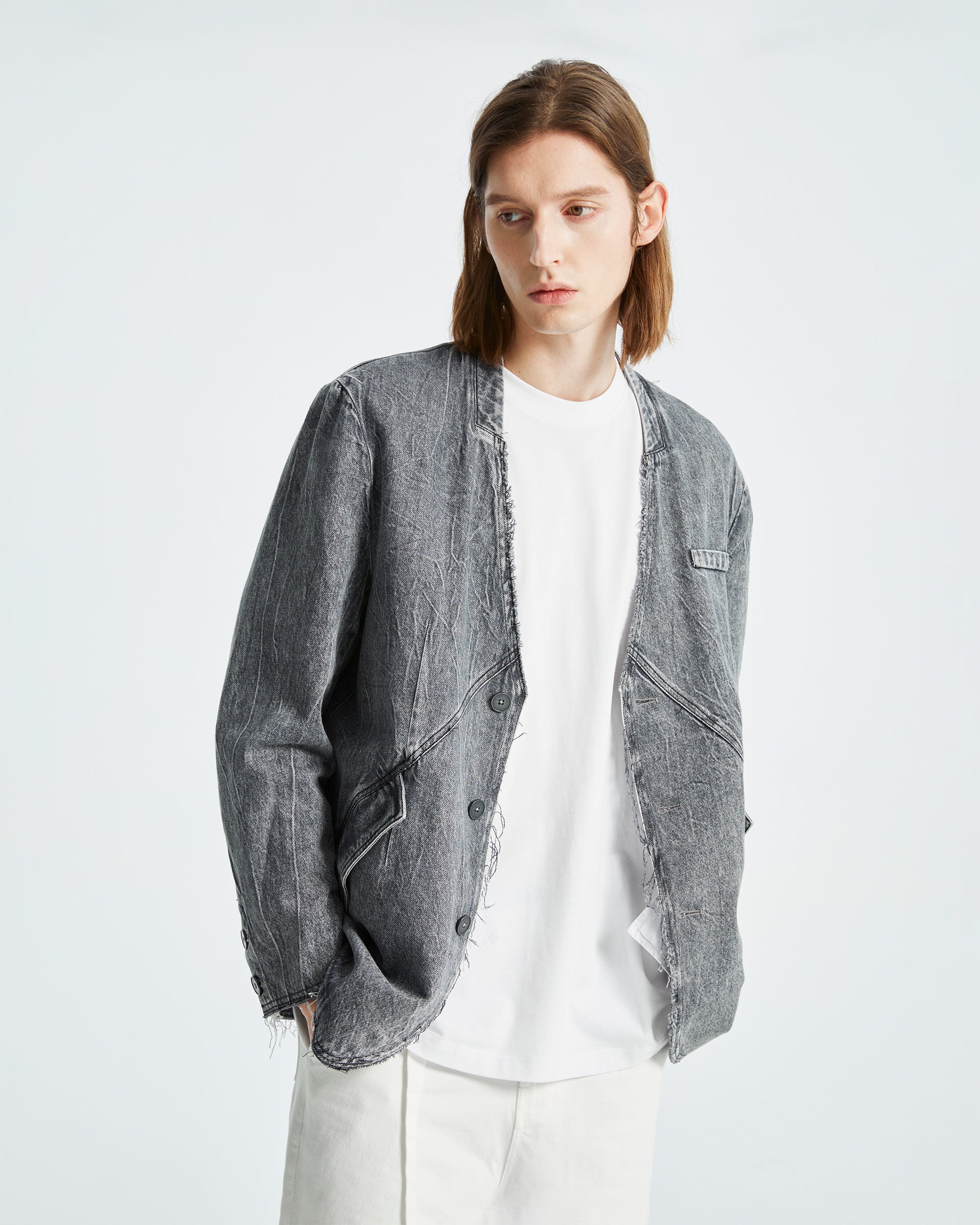 ORGANIC EMOTION Deconstructed Washed Detachable Collar Denim Blazer