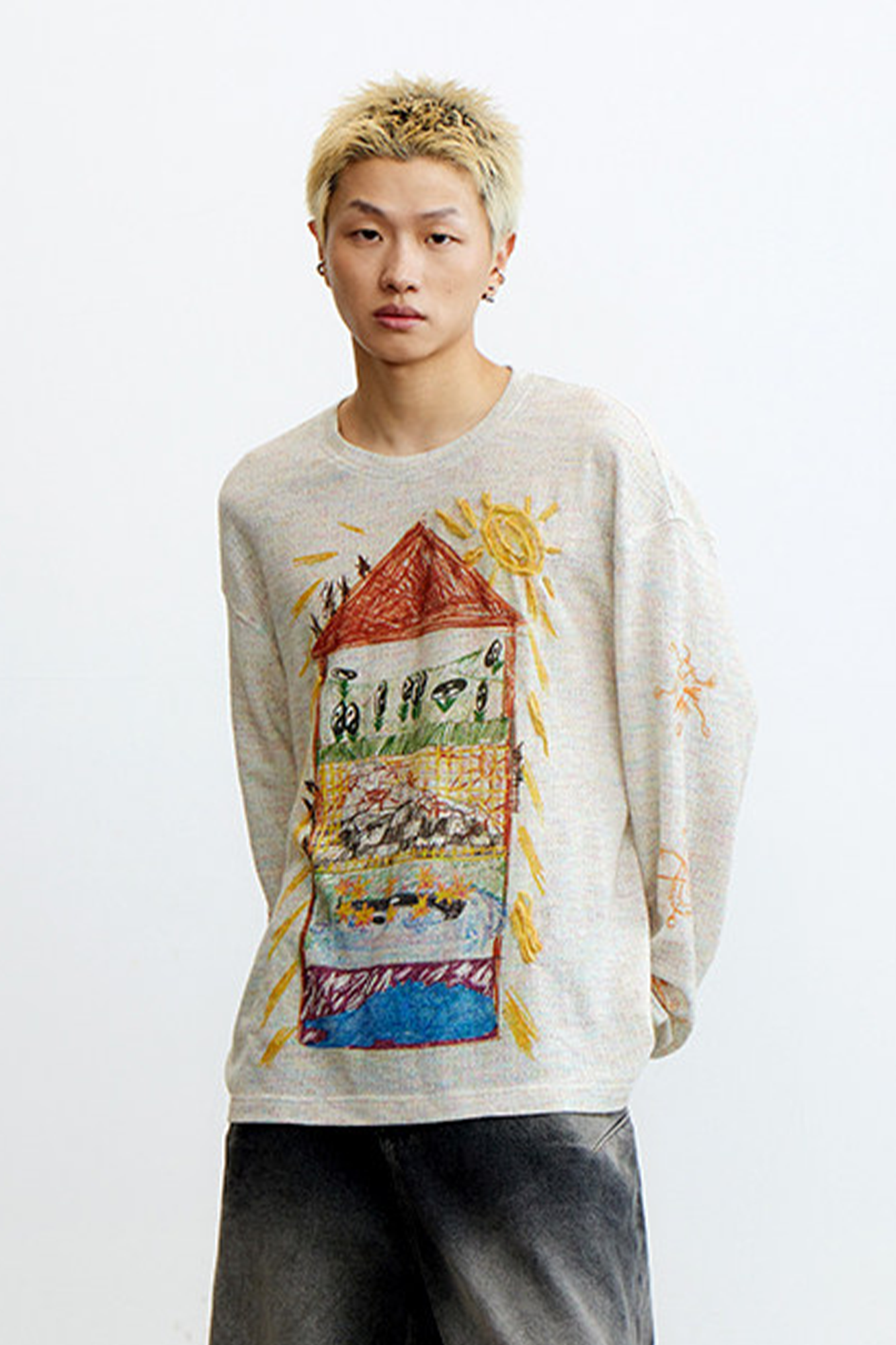 CONPCONP Doodle House Graphic Oversized Long-Sleeve Tee