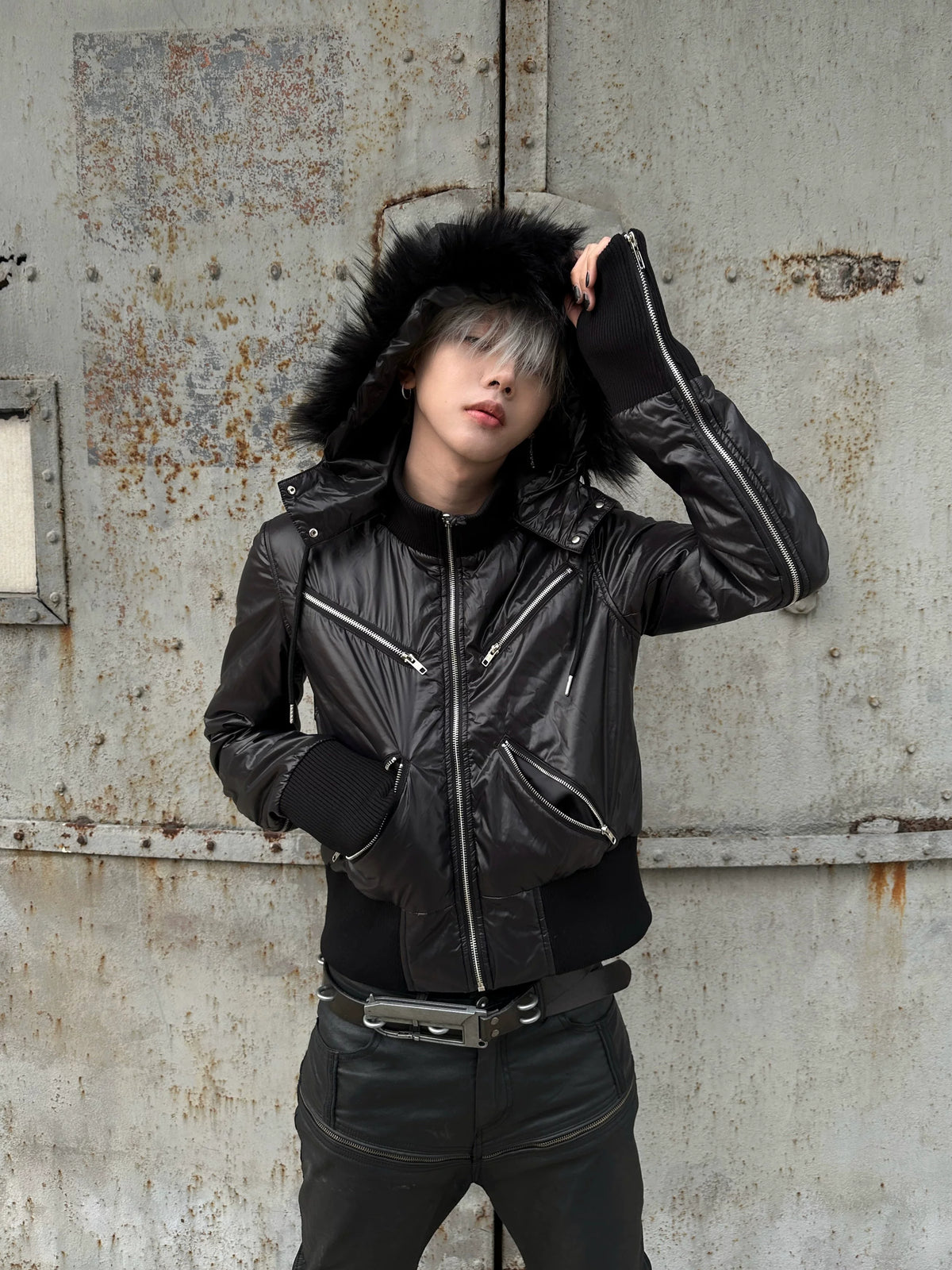 REBEL WAVE Detachable Faux Fur Collar Zip-Up Hooded Jacket