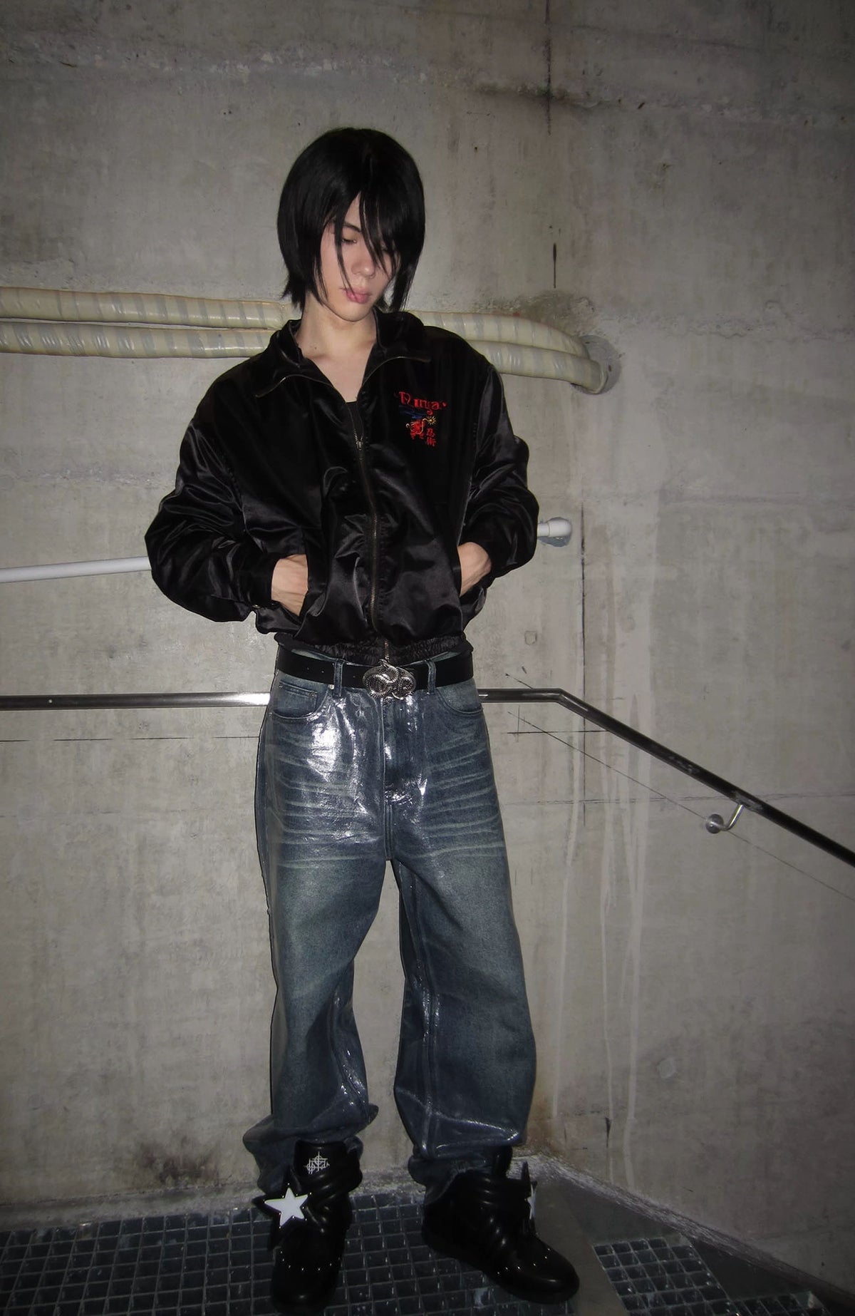 REBEL WAVE Frayed Raw-Edge Wax-Coated Flared Jeans