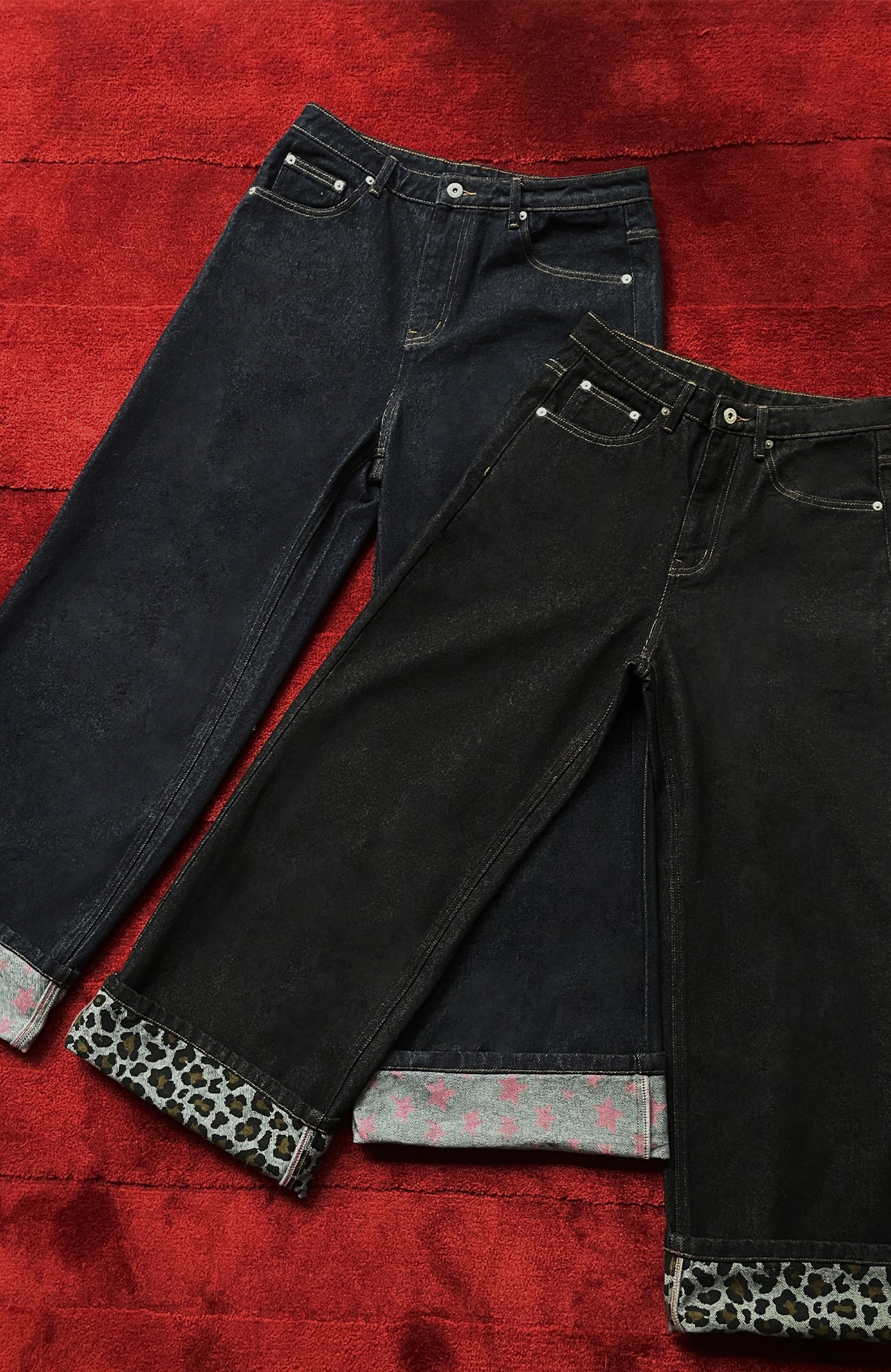 DONSMOKE Wide-Leg Star/ Leopard Cuffed Jeans, premium urban and streetwear designers apparel on PROJECTISR.com, DONSMOKE