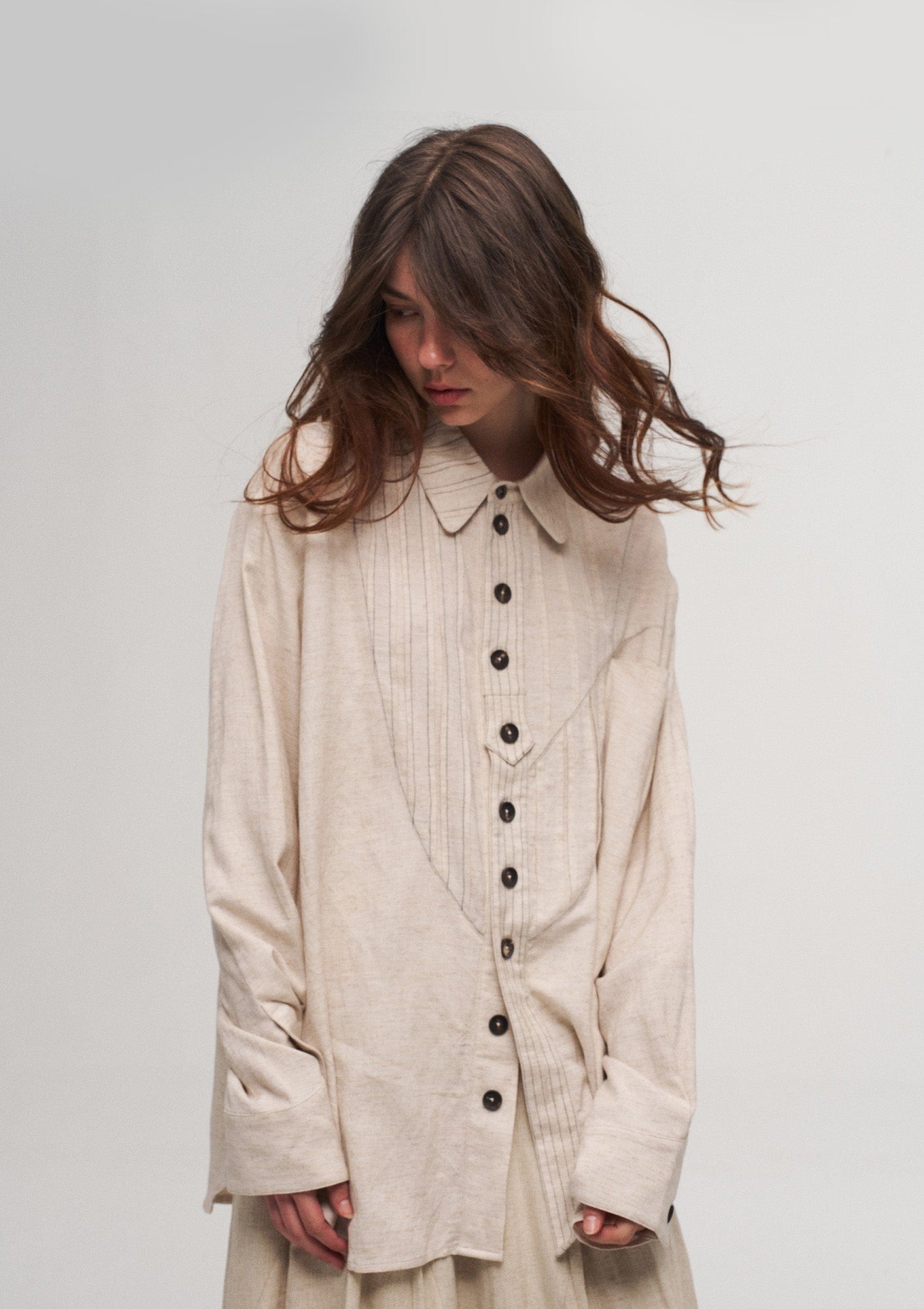 ILNya Nieternite Nifutur Shield Panel Pleated Cotton-Linen Shirt, premium urban and streetwear designers apparel on PROJECTISR.com, ILNya Nieternite Nifutur