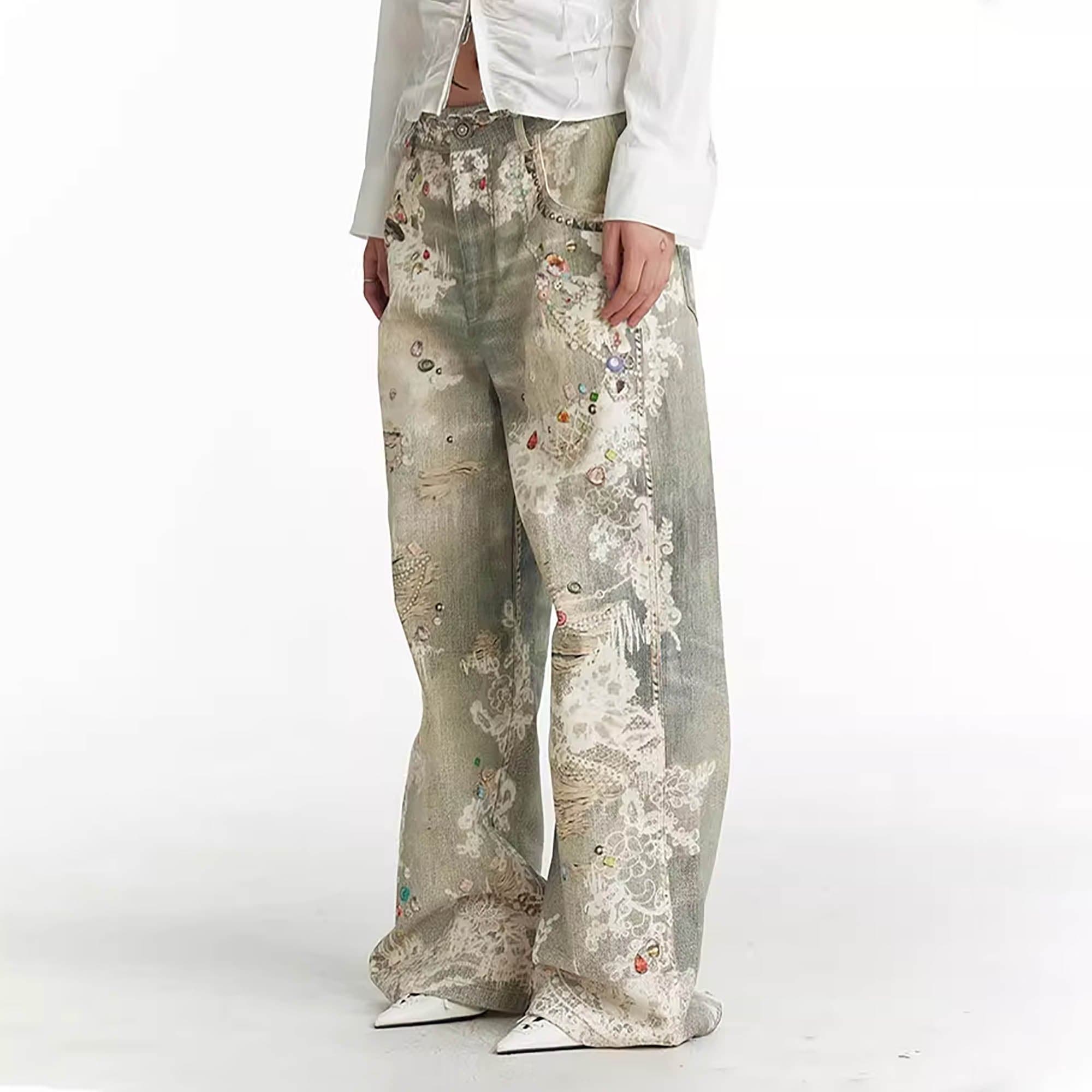 DND4DES Distressed Gem&Lace Jeans, premium urban and streetwear designers apparel on PROJECTISR.com, DND4DES