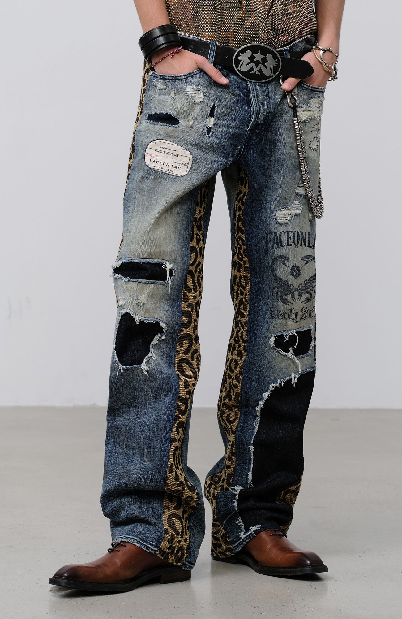 FACEONLAB Leopard Panel Distressed Straight-Leg Jeans