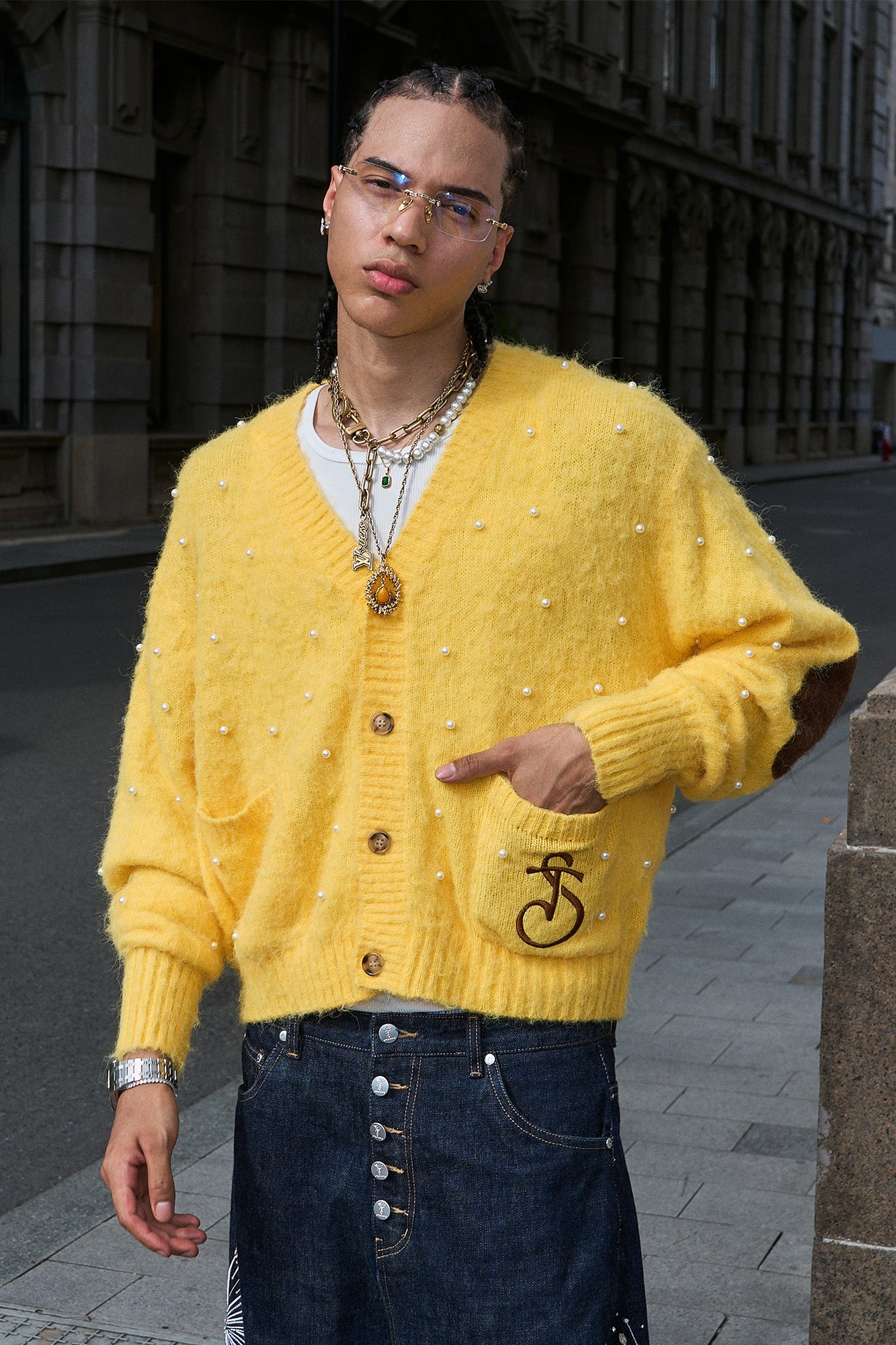 STEEPC Pearl-Studded Contrast Elbow Patch Cardigan