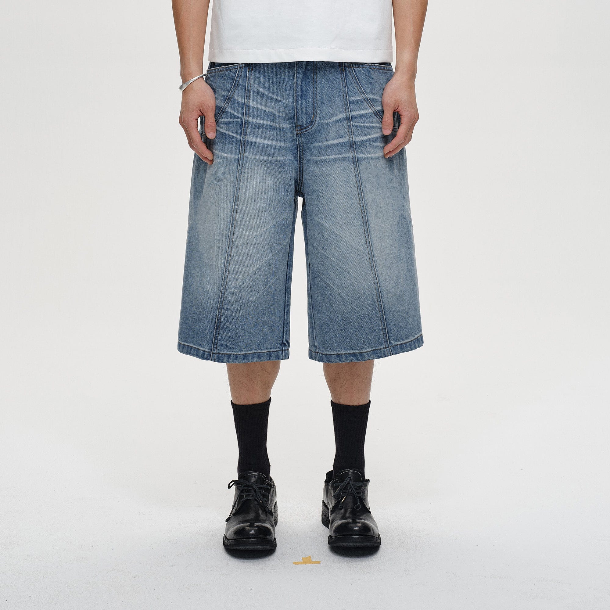 CATSSTAC Whisker-Wash Middle-Spliced Wide-Leg Shorts, premium urban and streetwear designers apparel on PROJECTISR.com, CATSSTAC