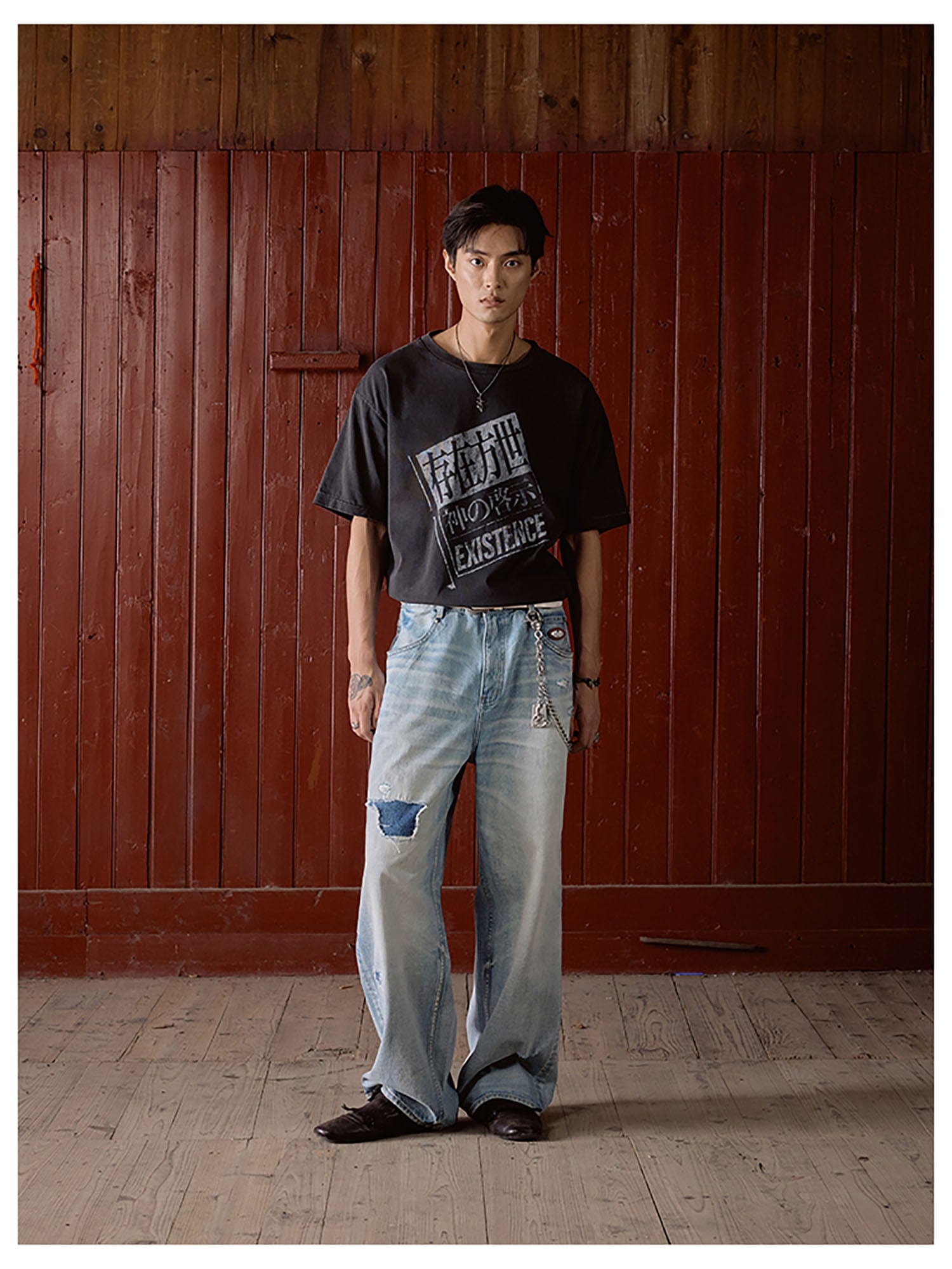 IN EXISTENCE Distressed Patchwork Creased Washed Wide-Leg Jeans, premium urban and streetwear designers apparel on PROJECTISR.com, IN EXISTENCE