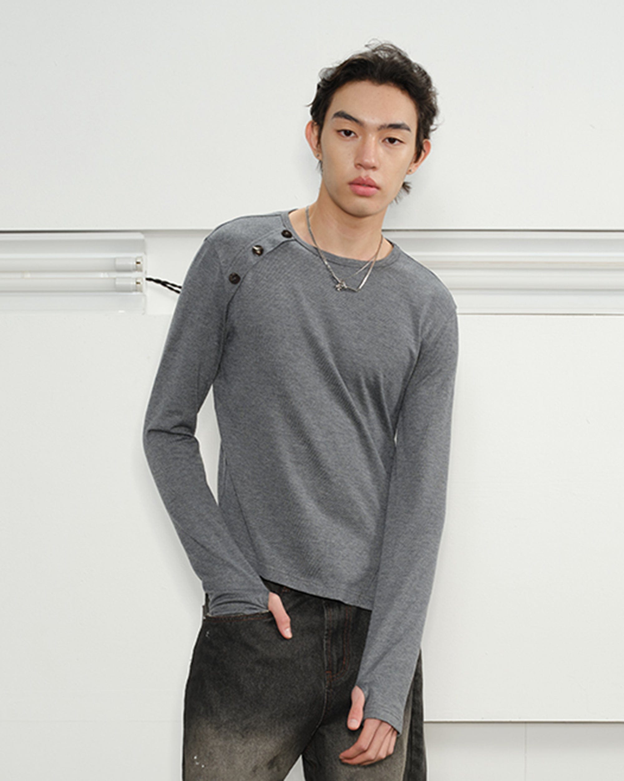 KREATE Deconstructed Asymmetrical Buttoned Long-Sleeve Tee