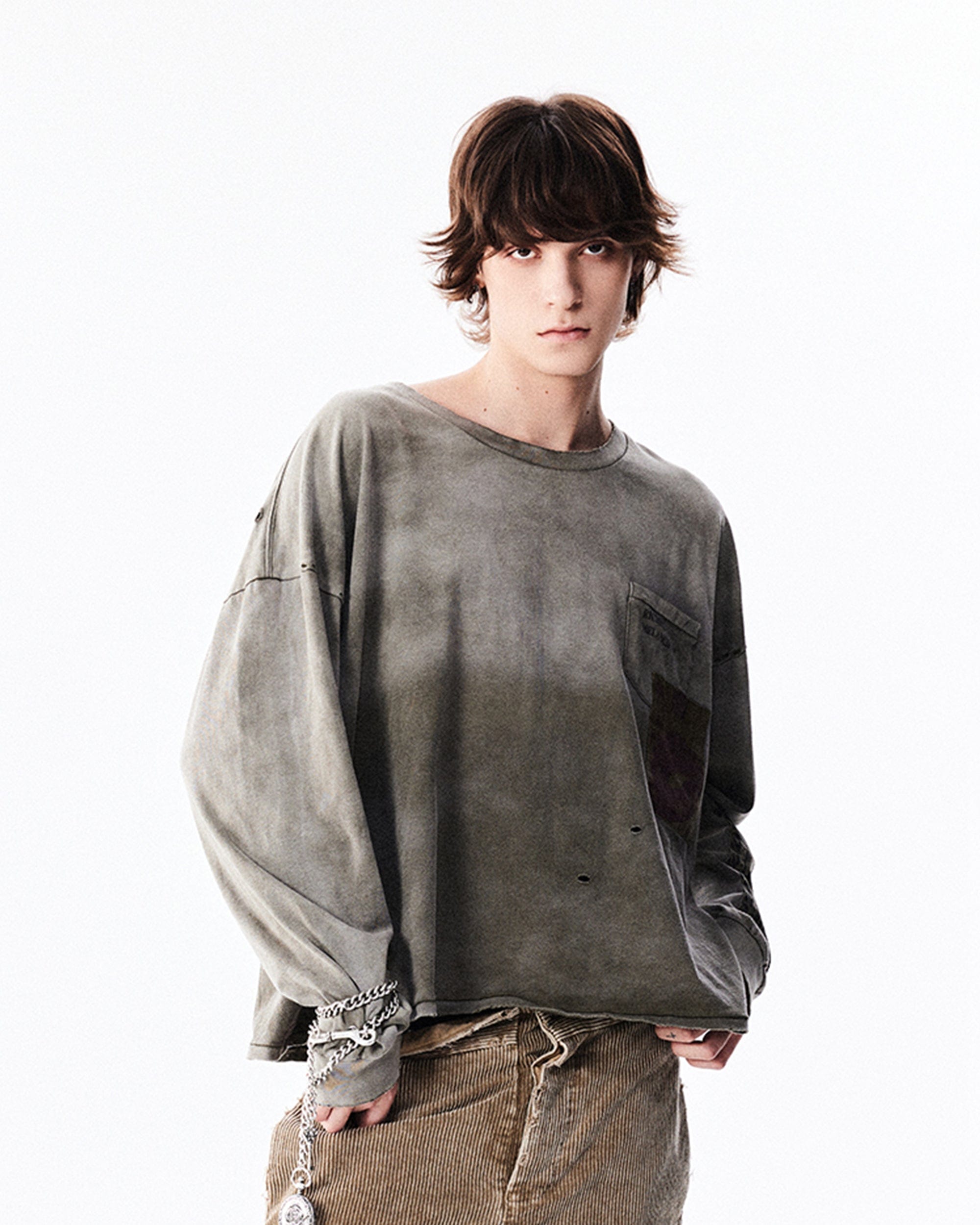 RICHILL Patchwork Ripped Washed Long-Sleeve Tee