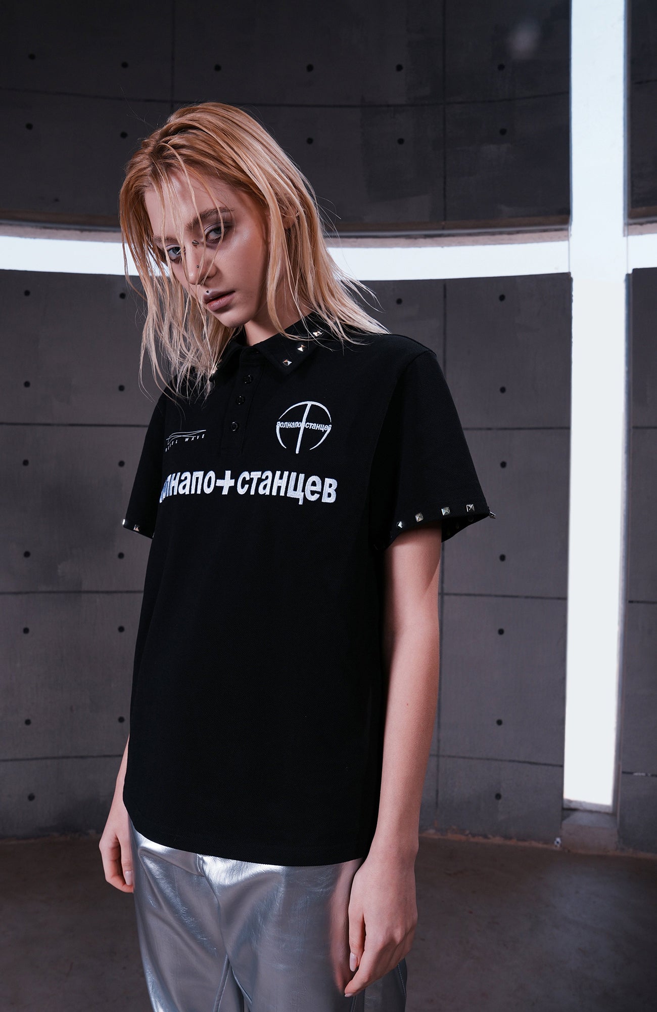 REBEL WAVE Studded LOGO Graphic Polo Shirt