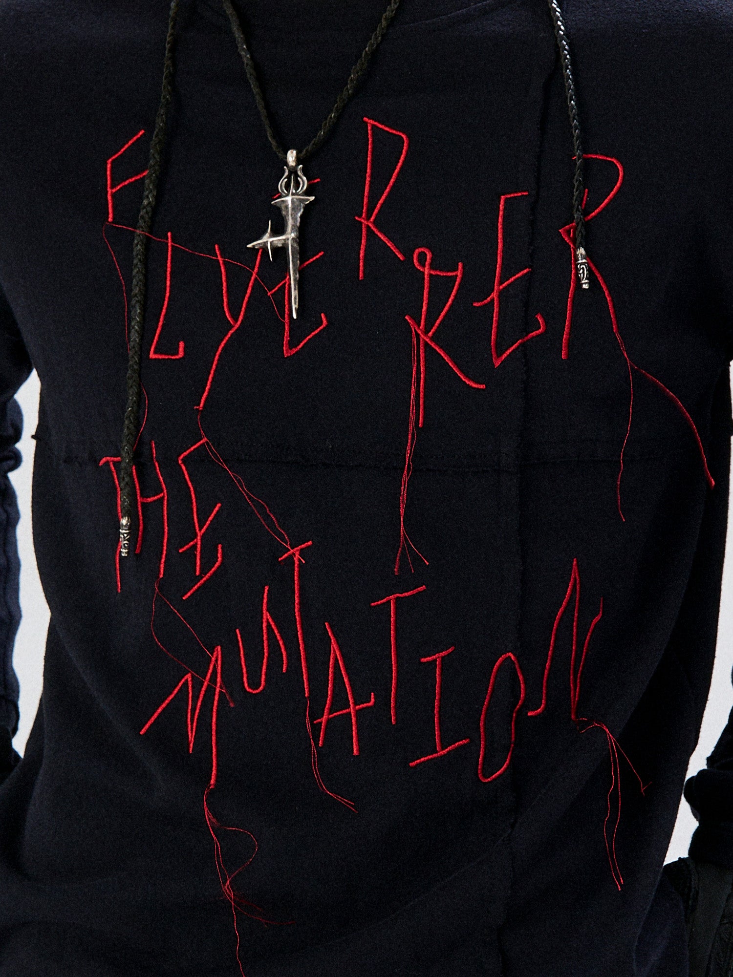FLYERRER Cross-Panel Contrast Frayed Embroidered Long-Sleeve Tee, premium urban and streetwear designers apparel on PROJECTISR.com, FLYERRER