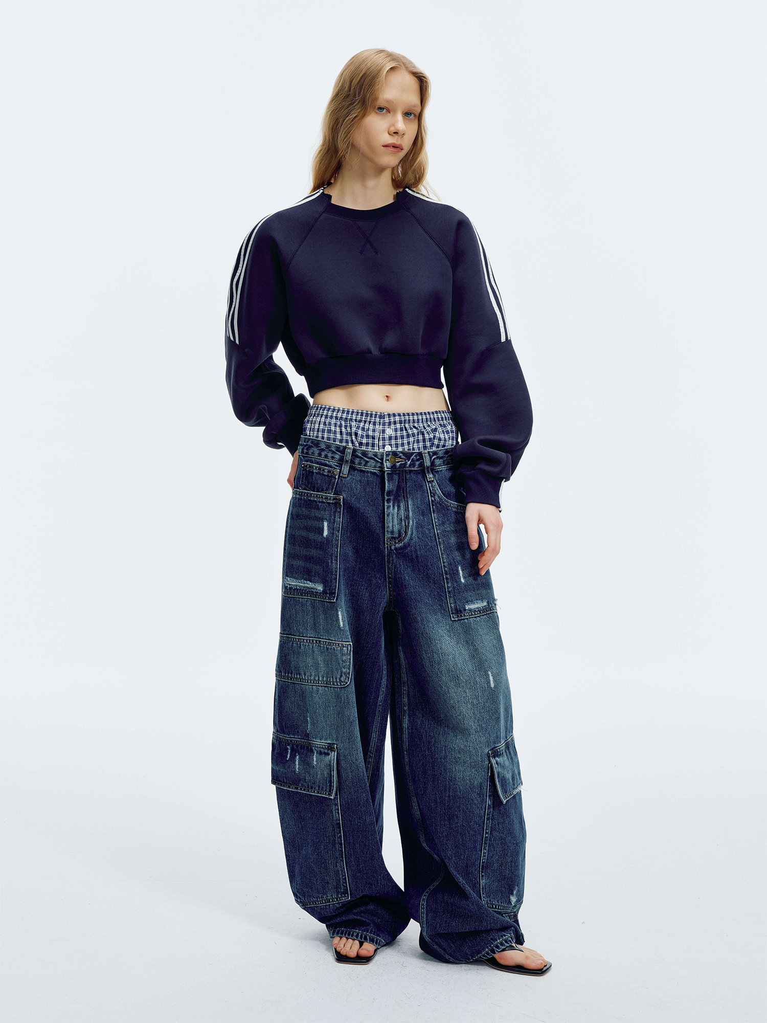 HAHAHA Washed Distressed Multi-Pocket Wide-Leg Jeans