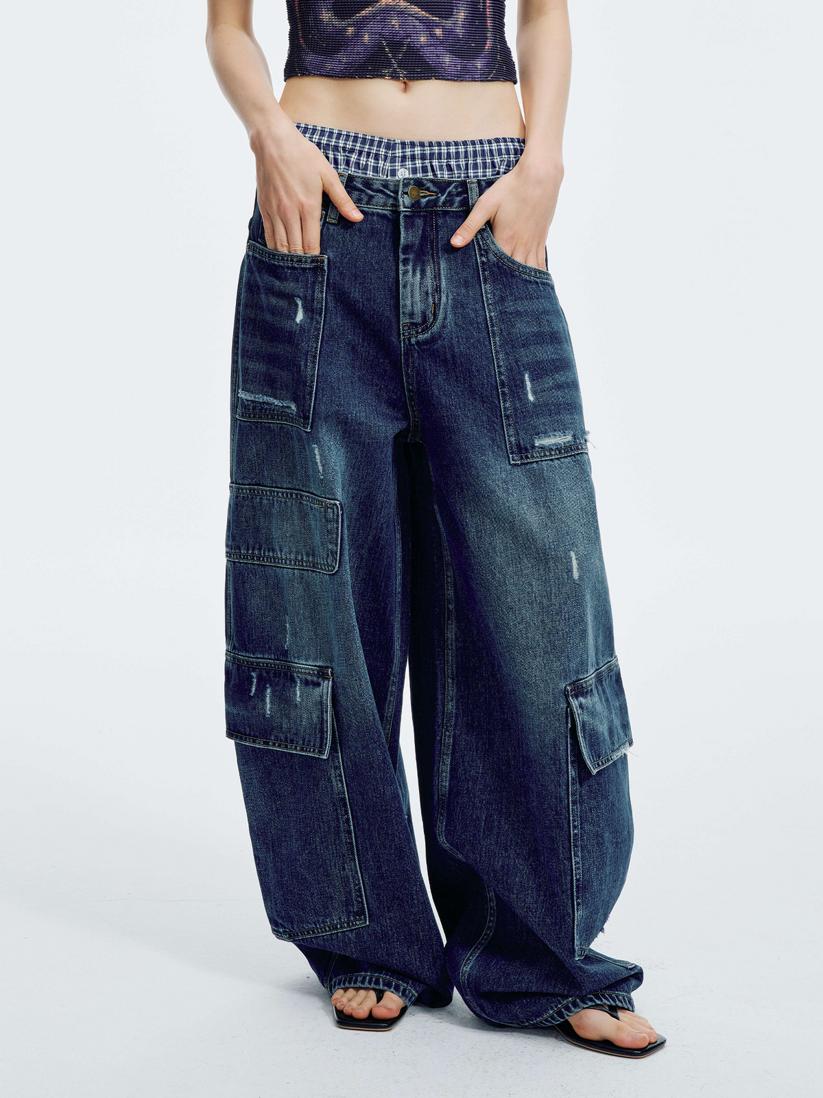 HAHAHA Washed Distressed Multi-Pocket Wide-Leg Jeans