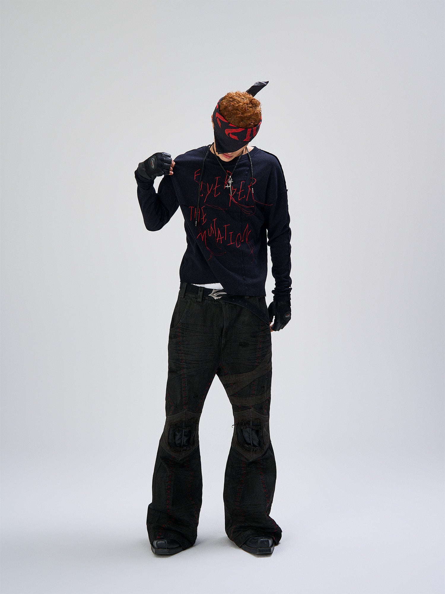 FLYERRER Cross-Panel Contrast Frayed Embroidered Long-Sleeve Tee, premium urban and streetwear designers apparel on PROJECTISR.com, FLYERRER