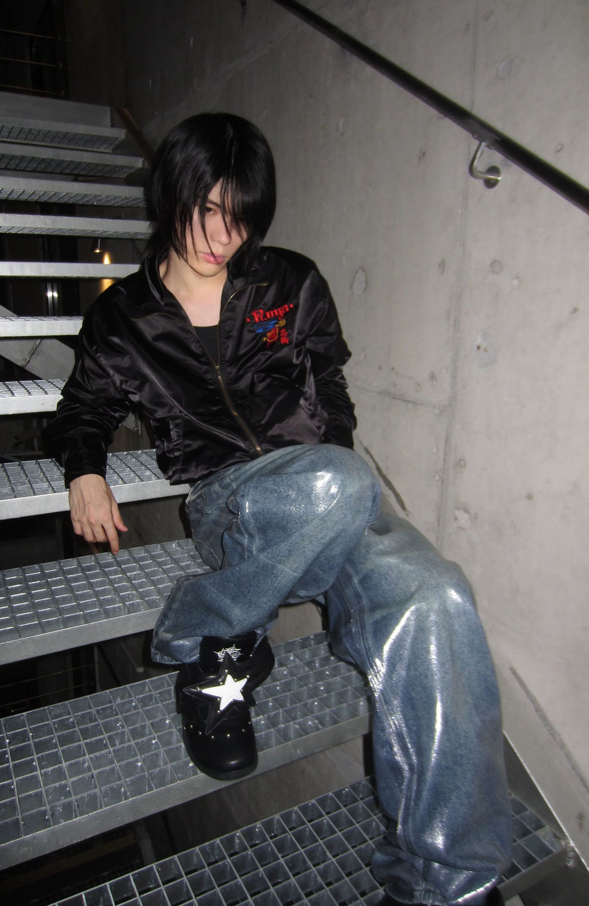 REBEL WAVE Frayed Raw-Edge Wax-Coated Flared Jeans