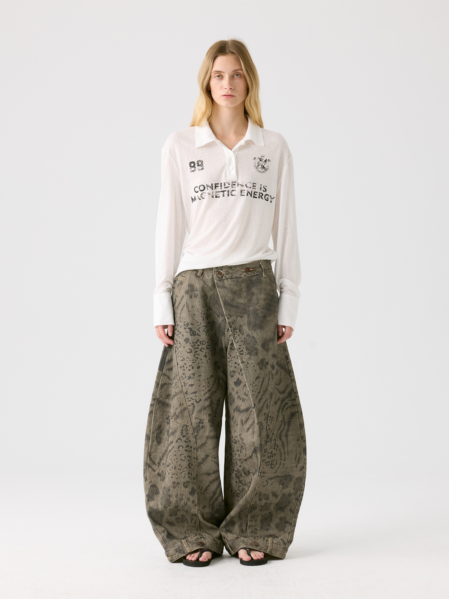 HAHAHA Animal Totem Graphic Crossover-Waist Curved Wide-Leg Pants