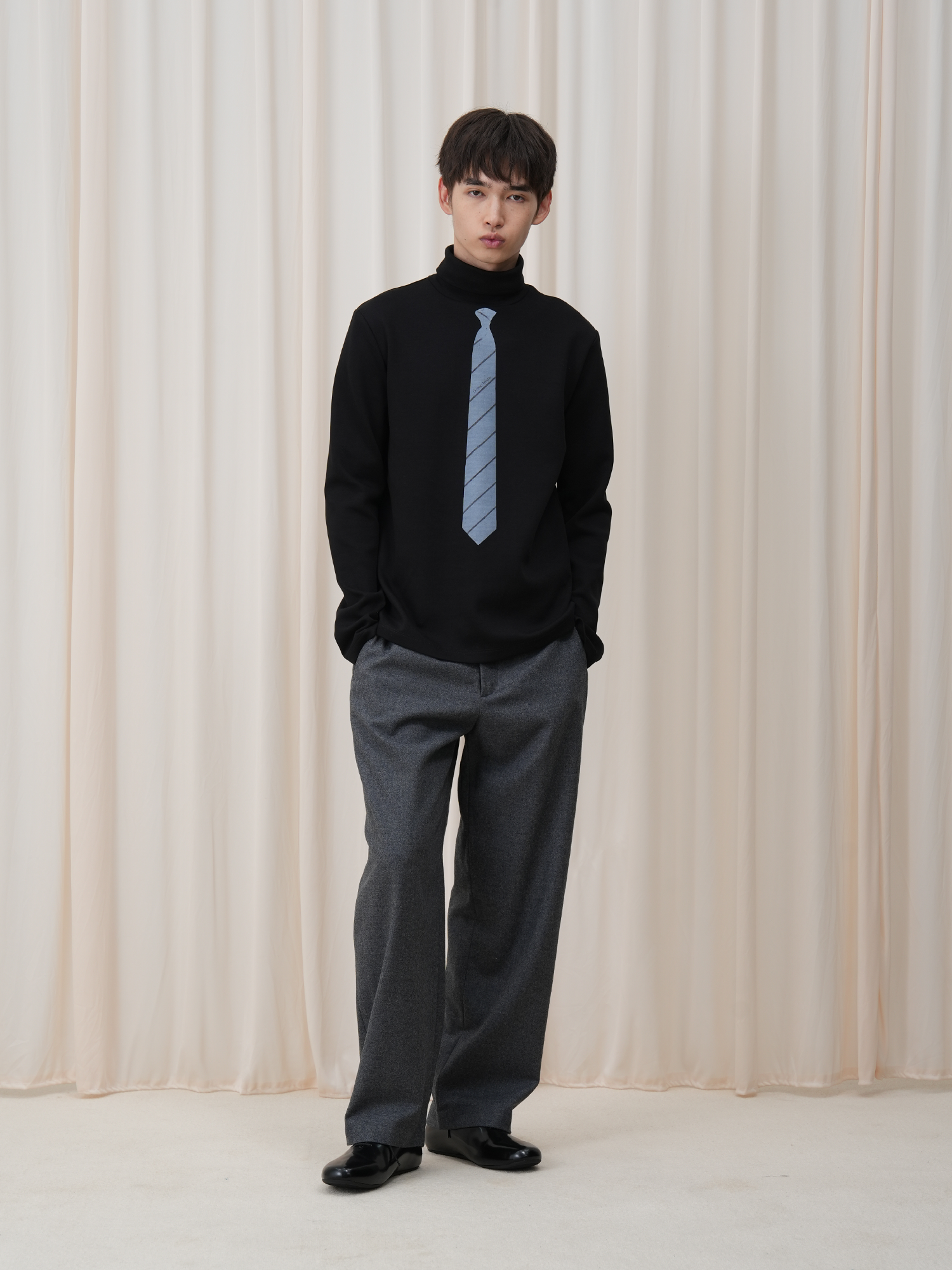 OUYANG WENJUN Stripes-Tie Graphic Turtleneck Long-Sleeve Tee