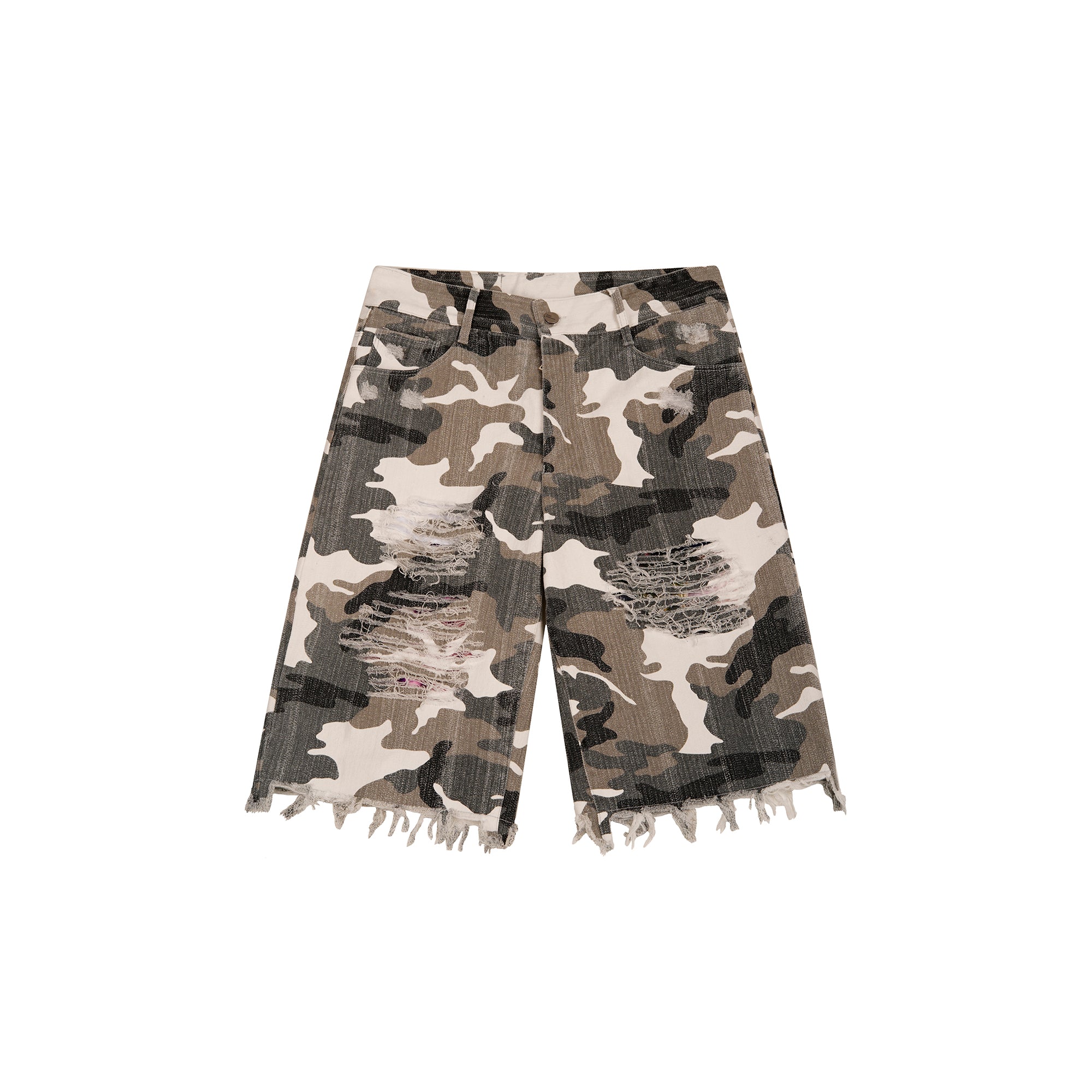 DREAM BAND Camo Distressed Denim Shorts
