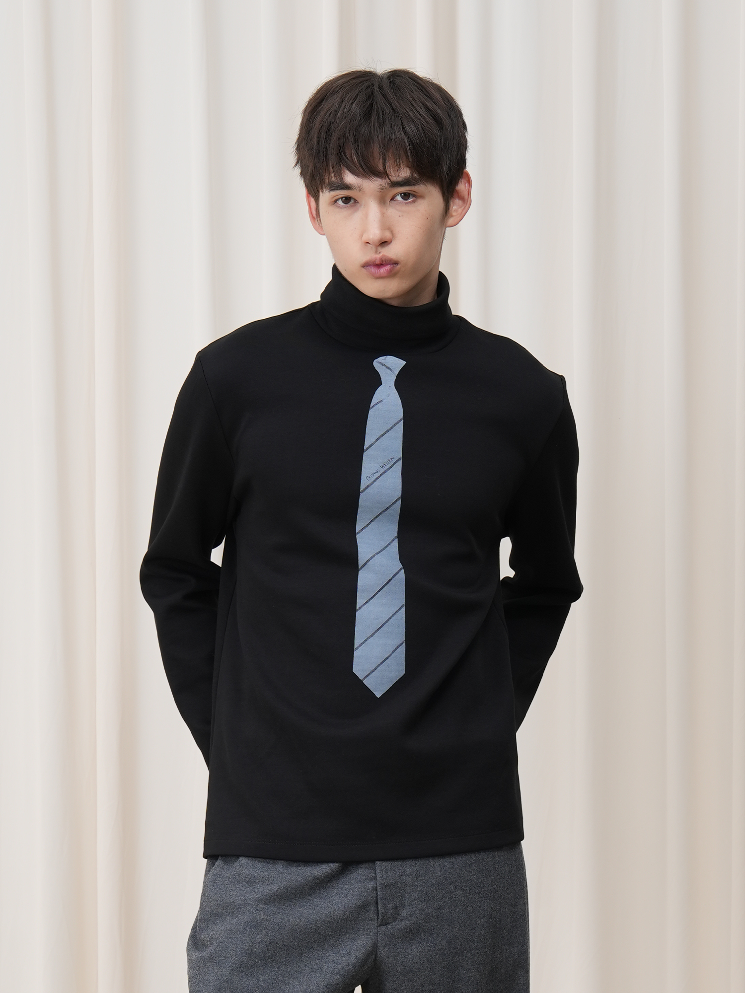 OUYANG WENJUN Stripes-Tie Graphic Turtleneck Long-Sleeve Tee