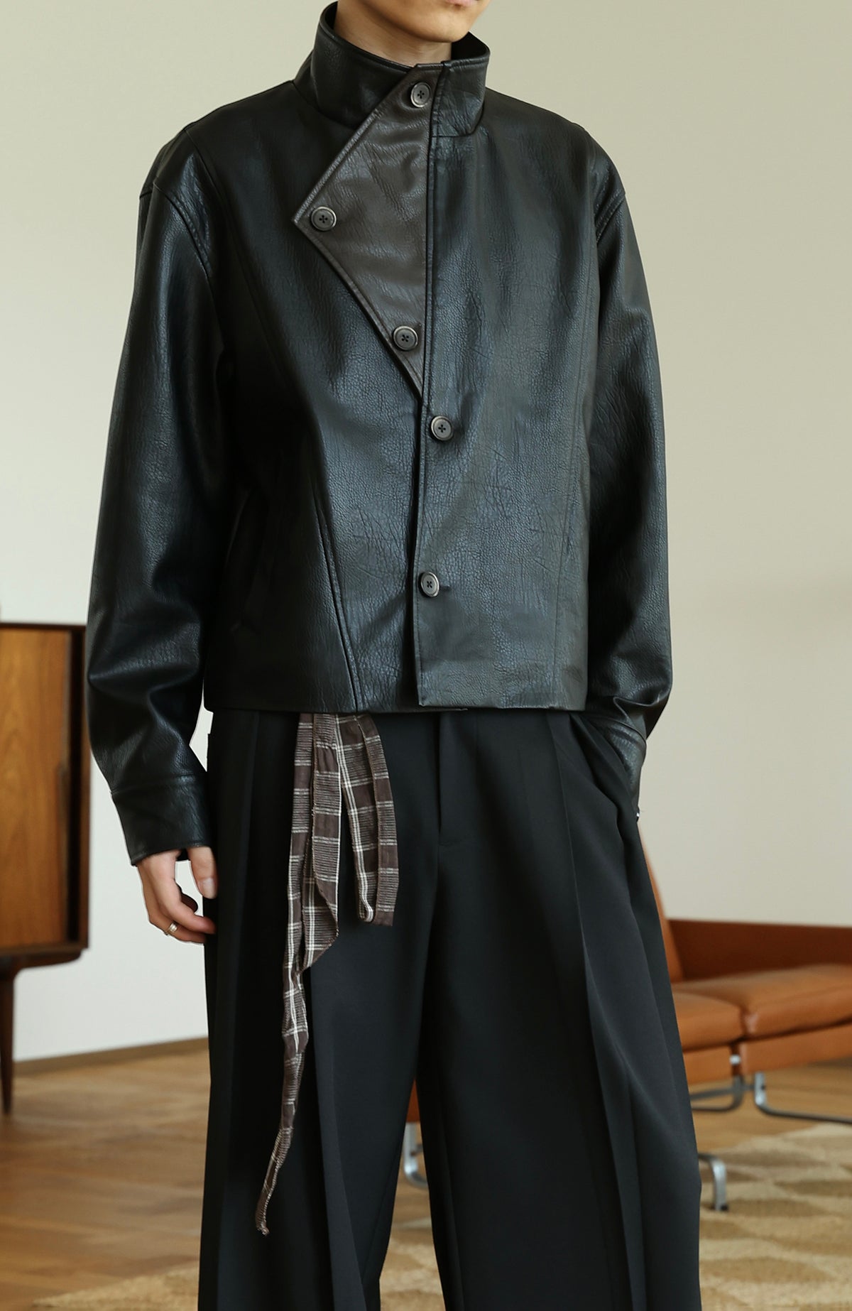 OKAYTHXBYE Faux Leather Spliced Asymmetric Placket Lapel Jacket