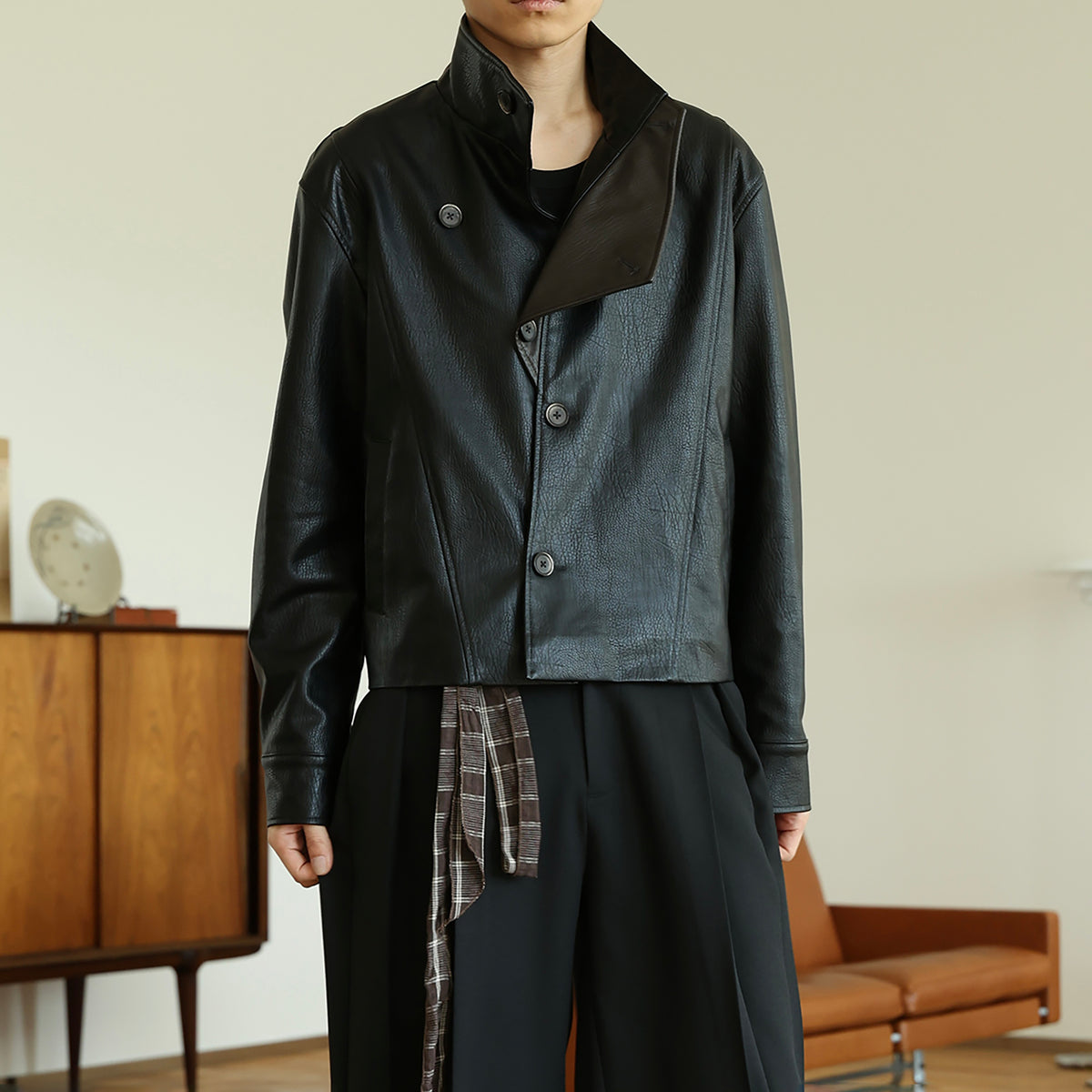 OKAYTHXBYE Faux Leather Spliced Asymmetric Placket Lapel Jacket