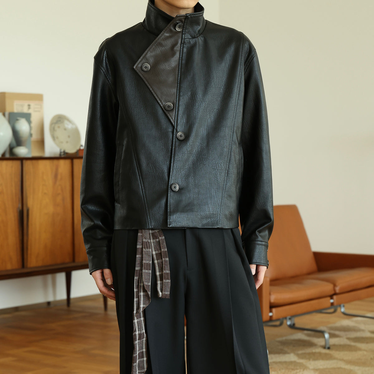 OKAYTHXBYE Faux Leather Spliced Asymmetric Placket Lapel Jacket