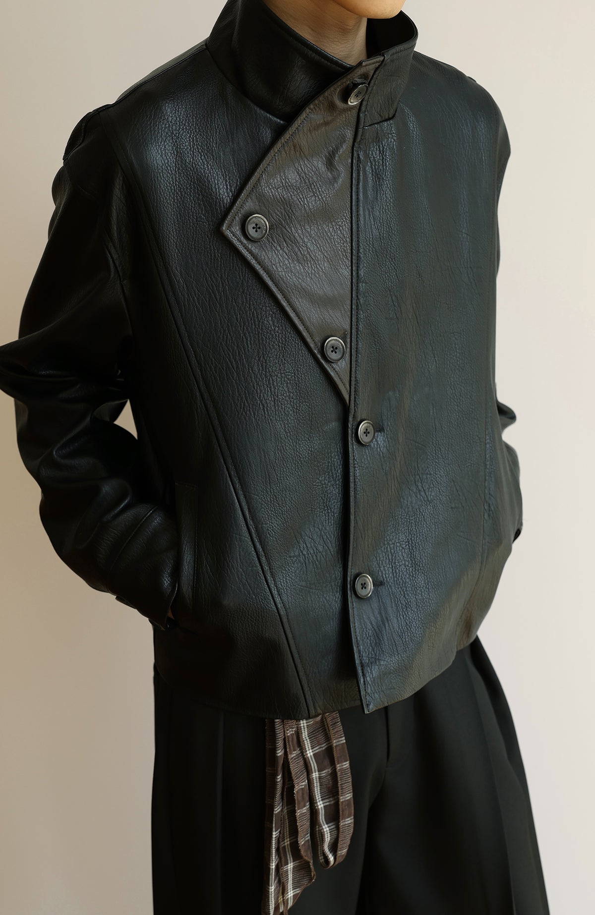 OKAYTHXBYE Faux Leather Spliced Asymmetric Placket Lapel Jacket