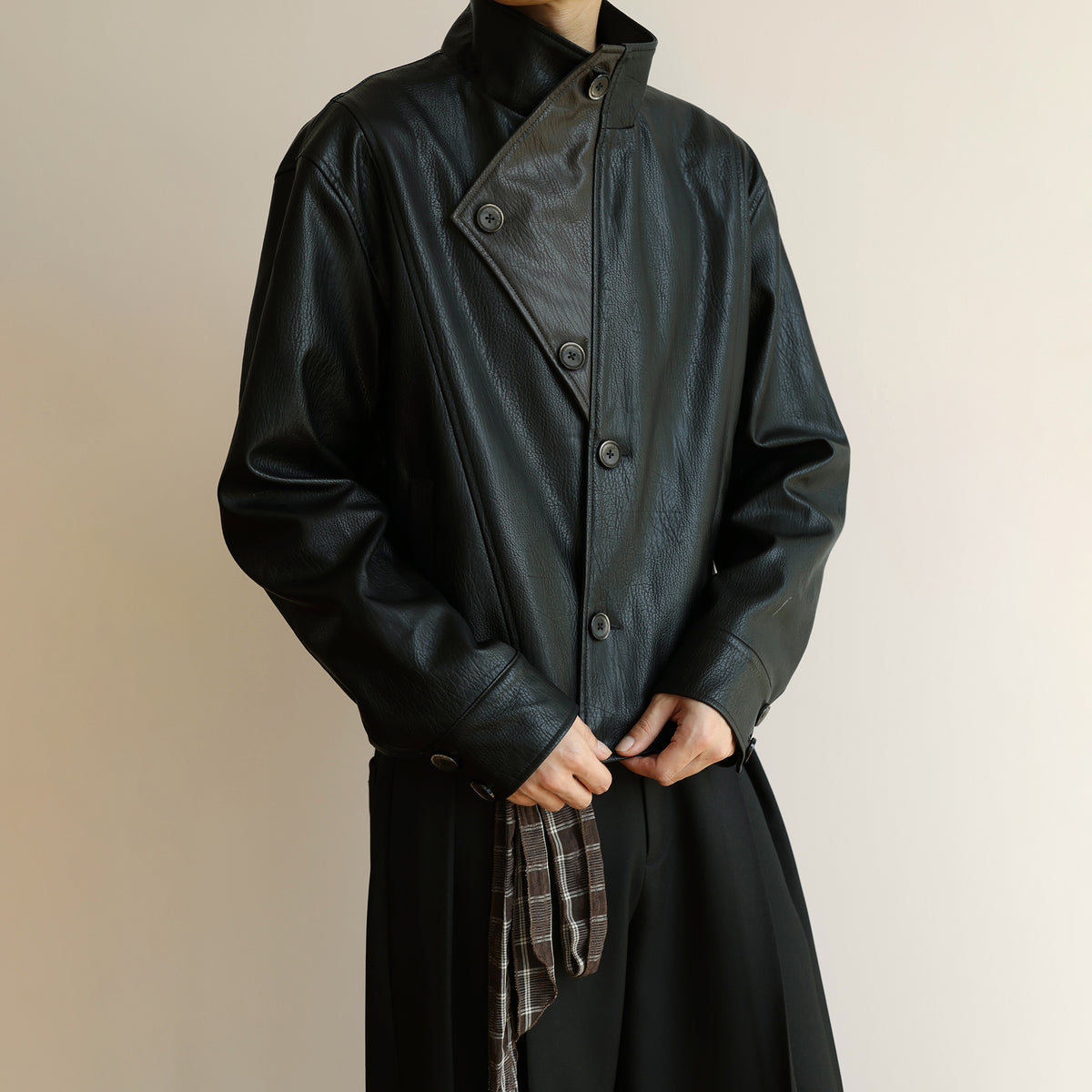 OKAYTHXBYE Faux Leather Spliced Asymmetric Placket Lapel Jacket