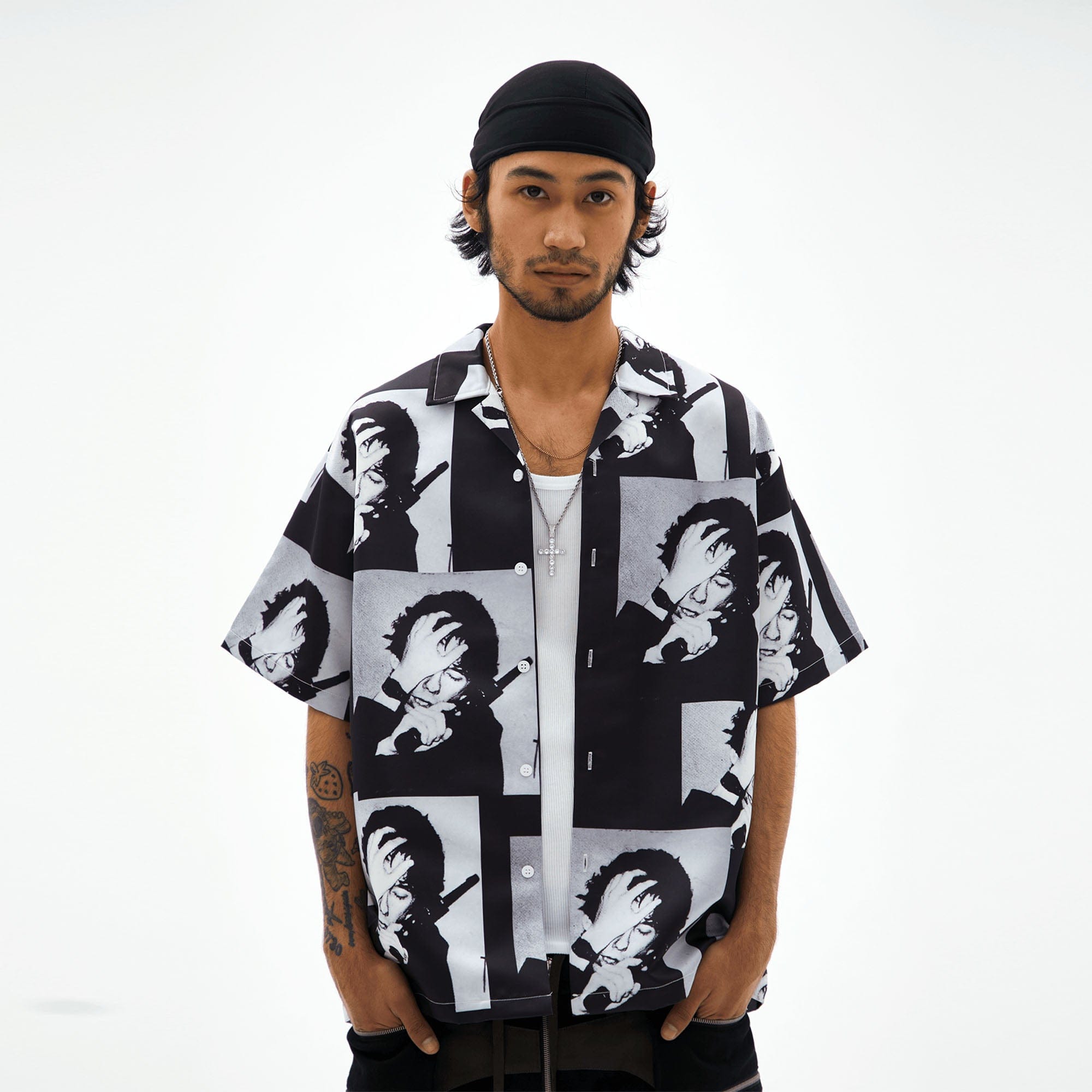 TECNINEGROUP Pop Art Portrait Graphic Cuban Half Shirt, premium urban and streetwear designers apparel on PROJECTISR.com, TECNINEGROUP
