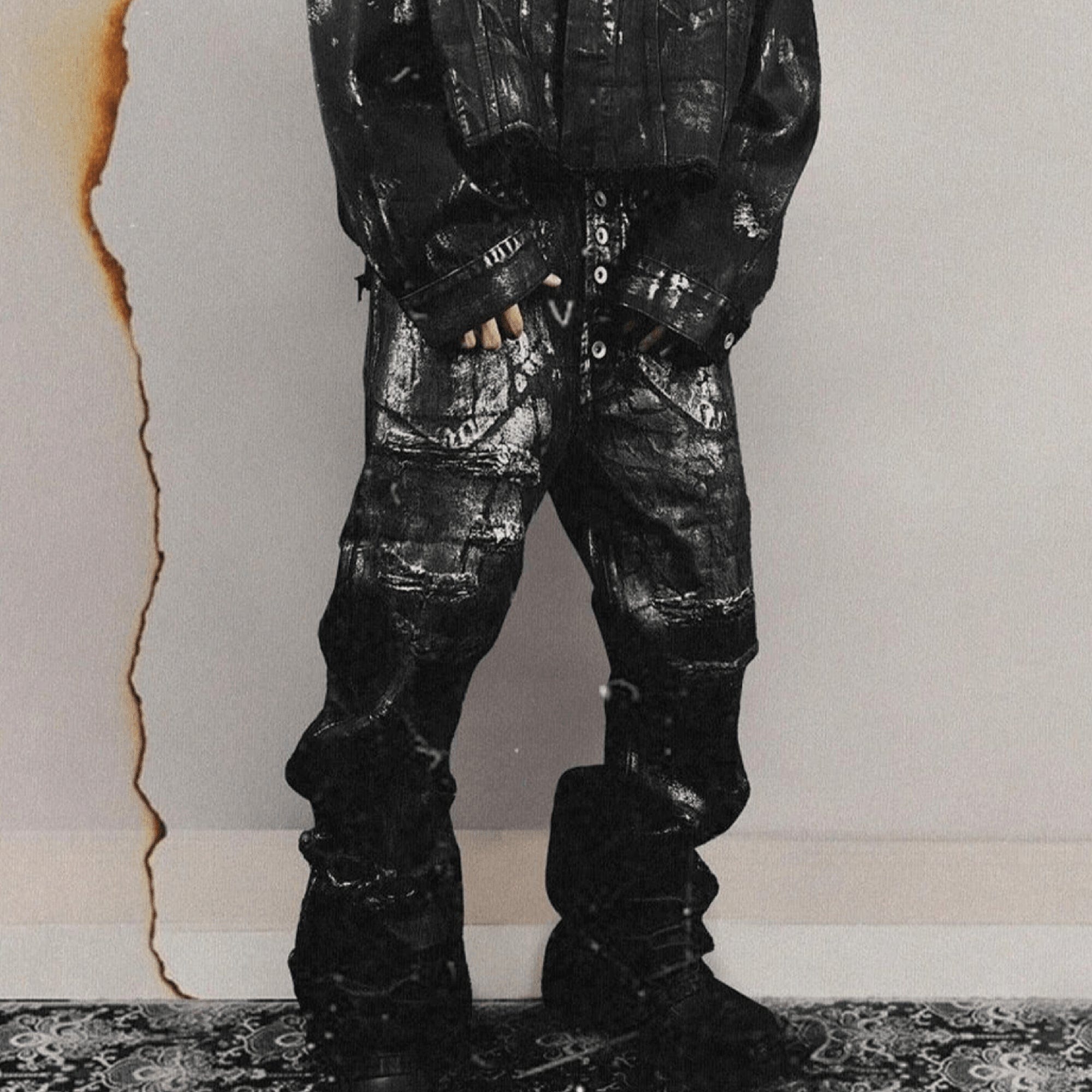 TECNINEGROUP Distressed Waxed Metallic Glazed Flared Jeans, premium urban and streetwear designers apparel on PROJECTISR.com, TECNINEGROUP