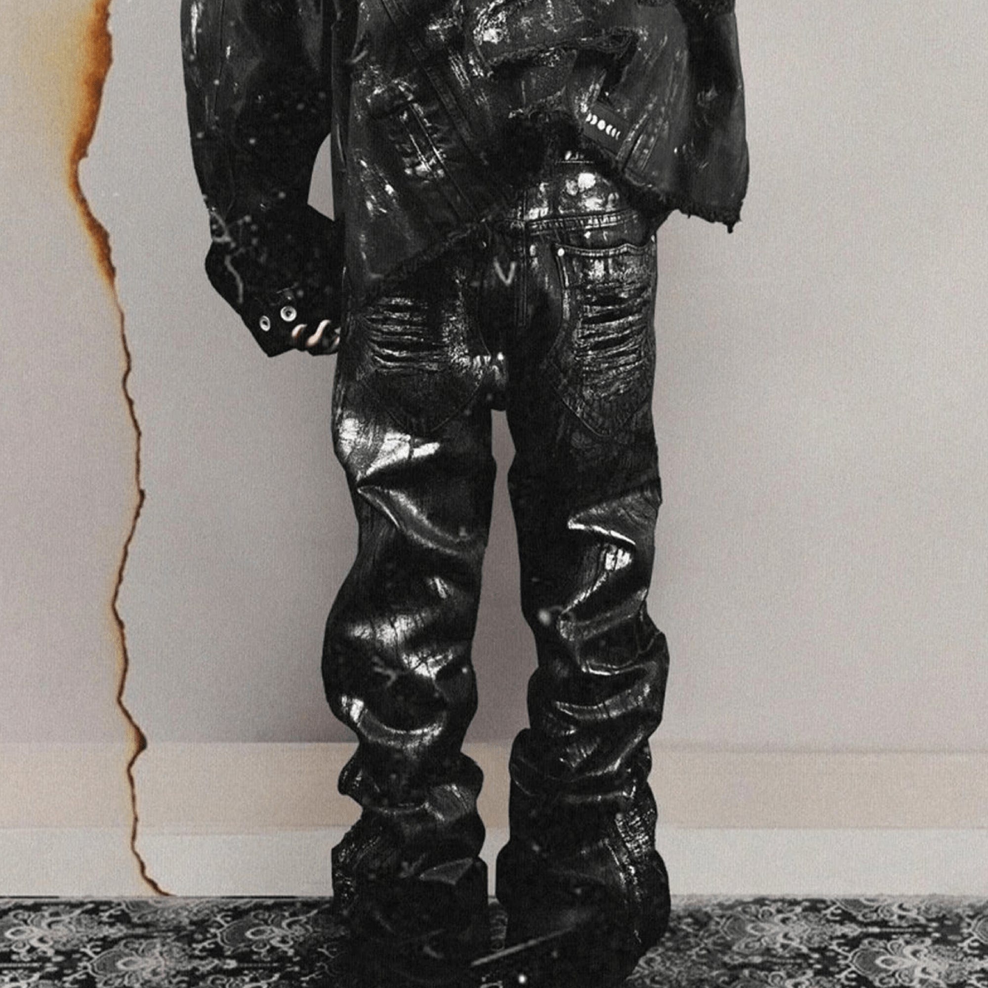 TECNINEGROUP Distressed Waxed Metallic Glazed Flared Jeans, premium urban and streetwear designers apparel on PROJECTISR.com, TECNINEGROUP