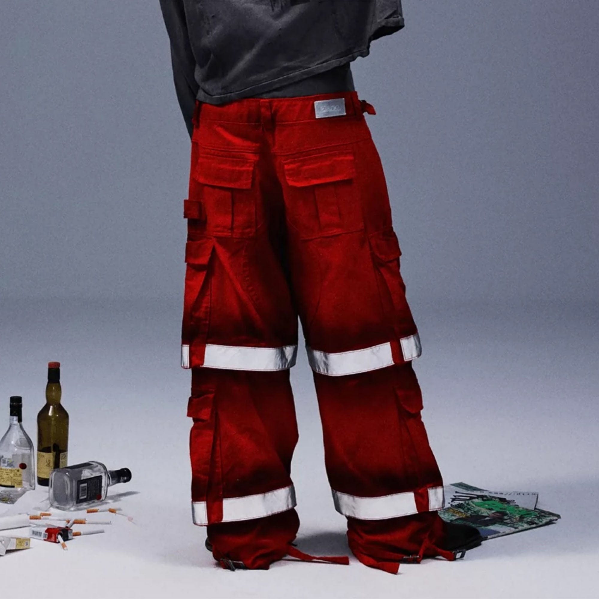TECNINEGROUP Washed Detachable Reflective Firefighter Cargo Pants Red, premium urban and streetwear designers apparel on PROJECTISR.com, TECNINEGROUP