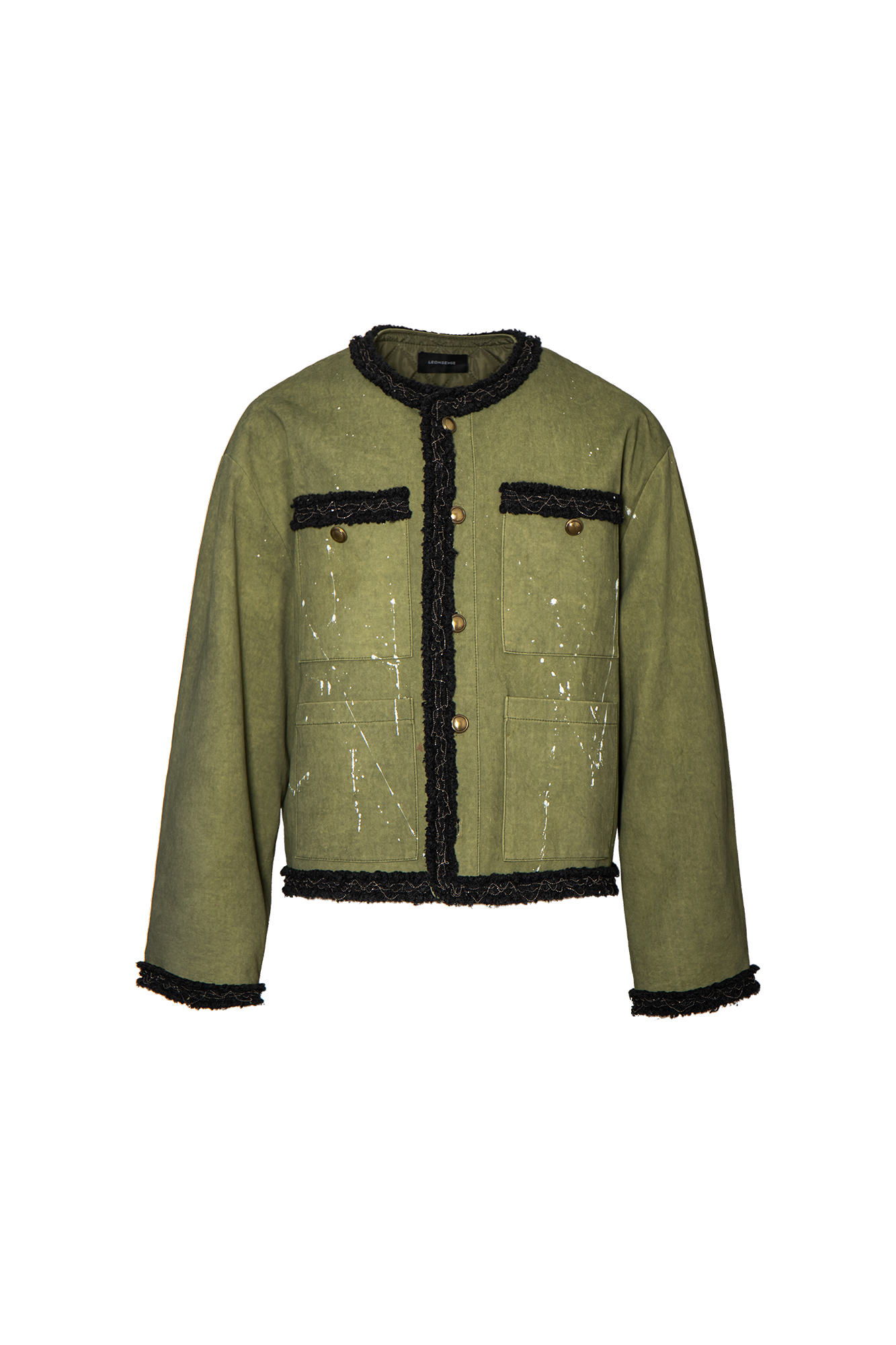 LEONSENSE Paneled Fleece Trim Paint-Splattered Jacket, premium urban and streetwear designers apparel on PROJECTISR.com, LEONSENSE