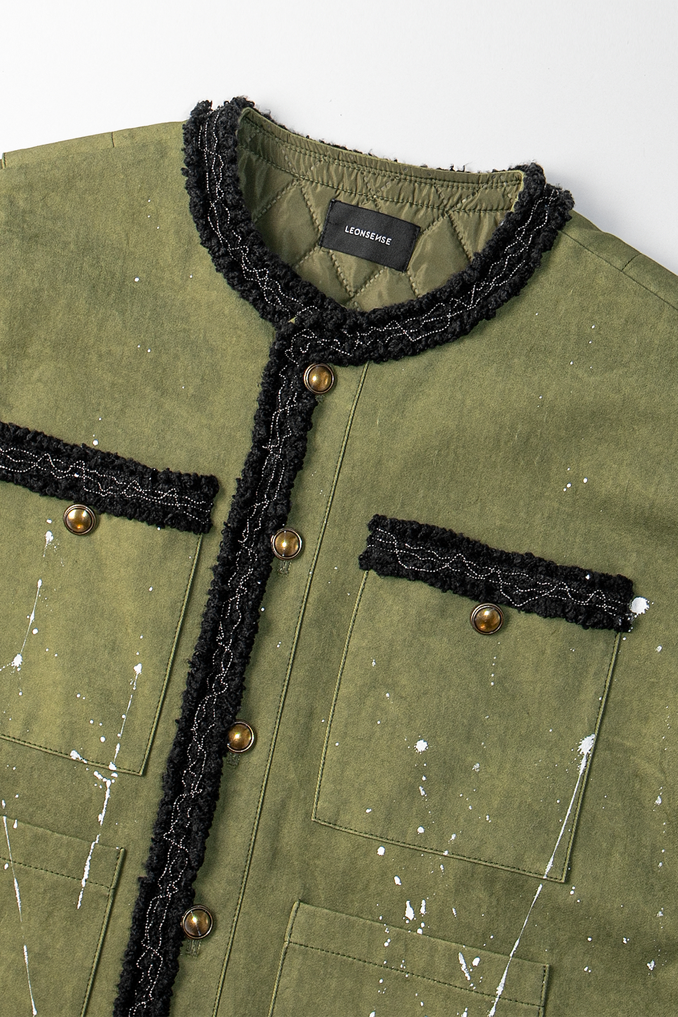 LEONSENSE Paneled Fleece Trim Paint-Splattered Jacket, premium urban and streetwear designers apparel on PROJECTISR.com, LEONSENSE