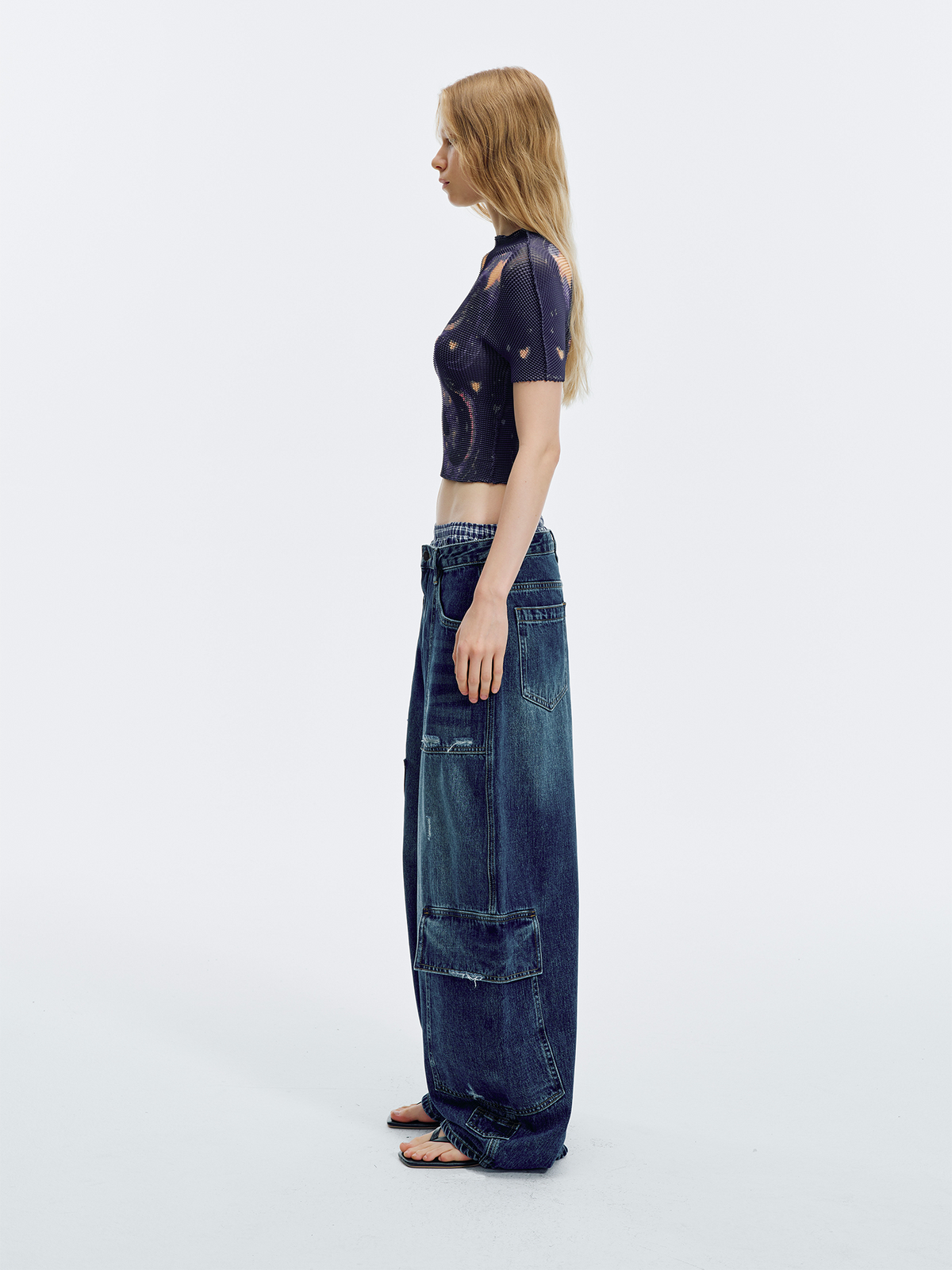 HAHAHA Washed Distressed Multi-Pocket Wide-Leg Jeans