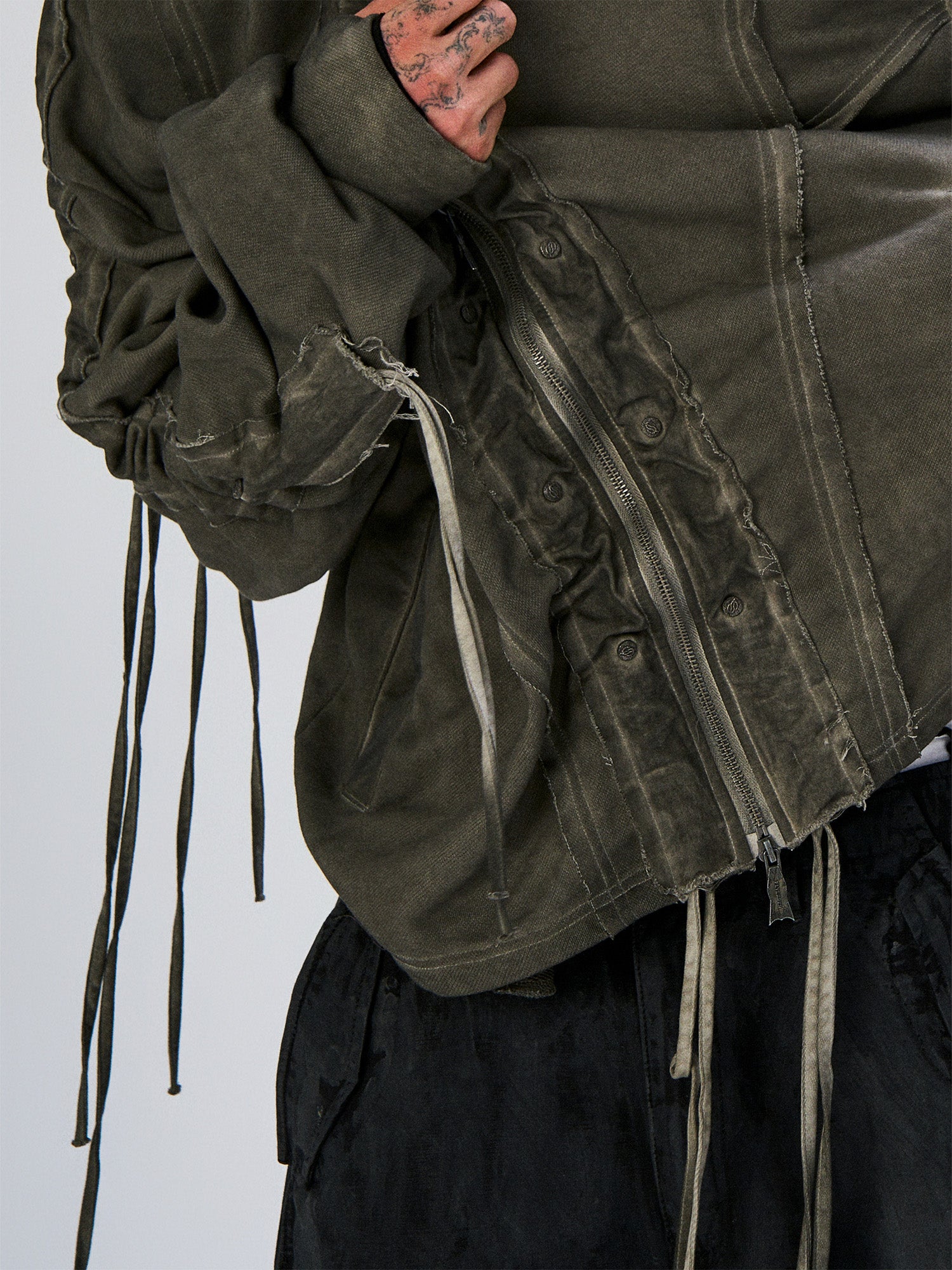 FLYERRER Distressed Drawstring Ruched Hooded Jacket, premium urban and streetwear designers apparel on PROJECTISR.com, FLYERRER