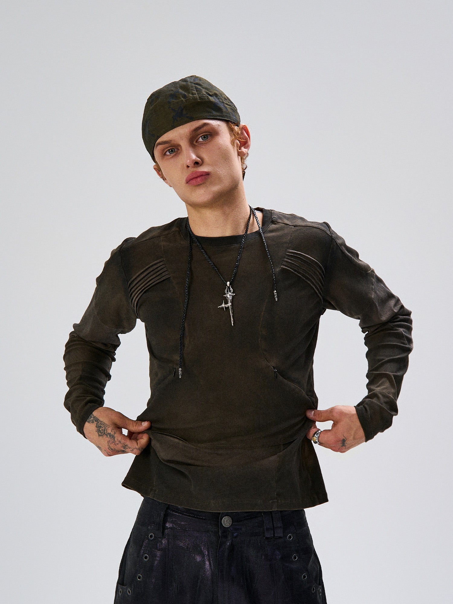 FLYERRER Washed Panelled Slim-Fit Long-Sleeve Tee, premium urban and streetwear designers apparel on PROJECTISR.com, FLYERRER