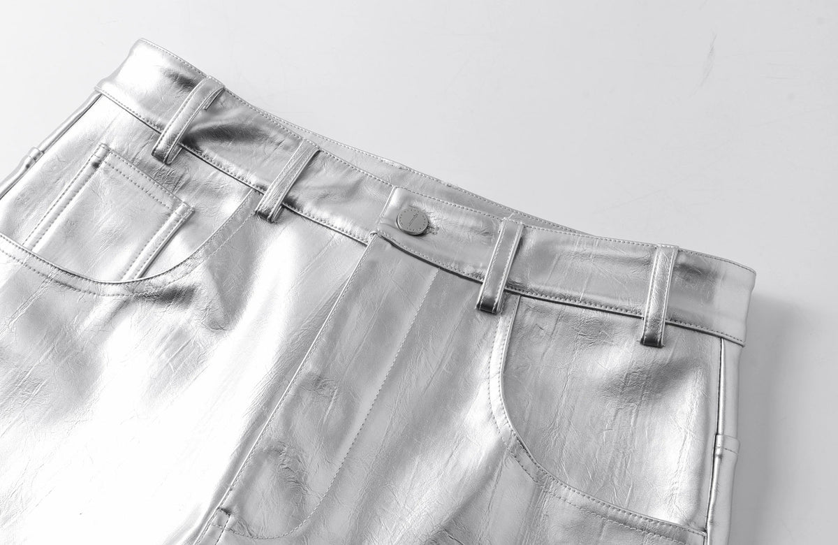 REBEL WAVE Silver Liquid Faux Leather Straight-Leg Pants