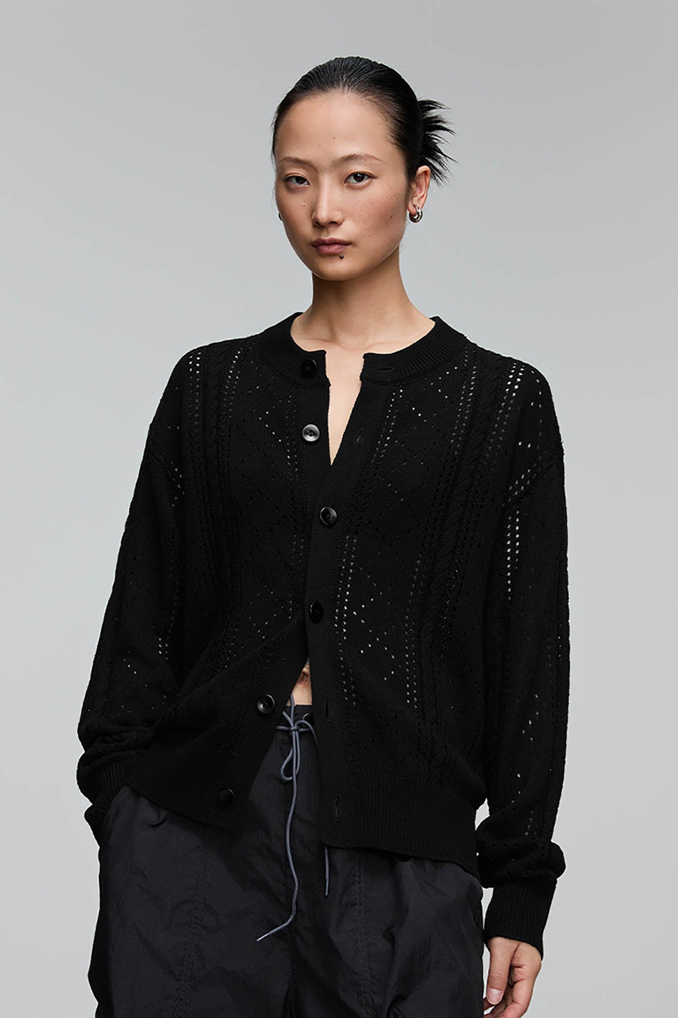 OPICLOTH Eyelet Knit Button-Up Cardigan