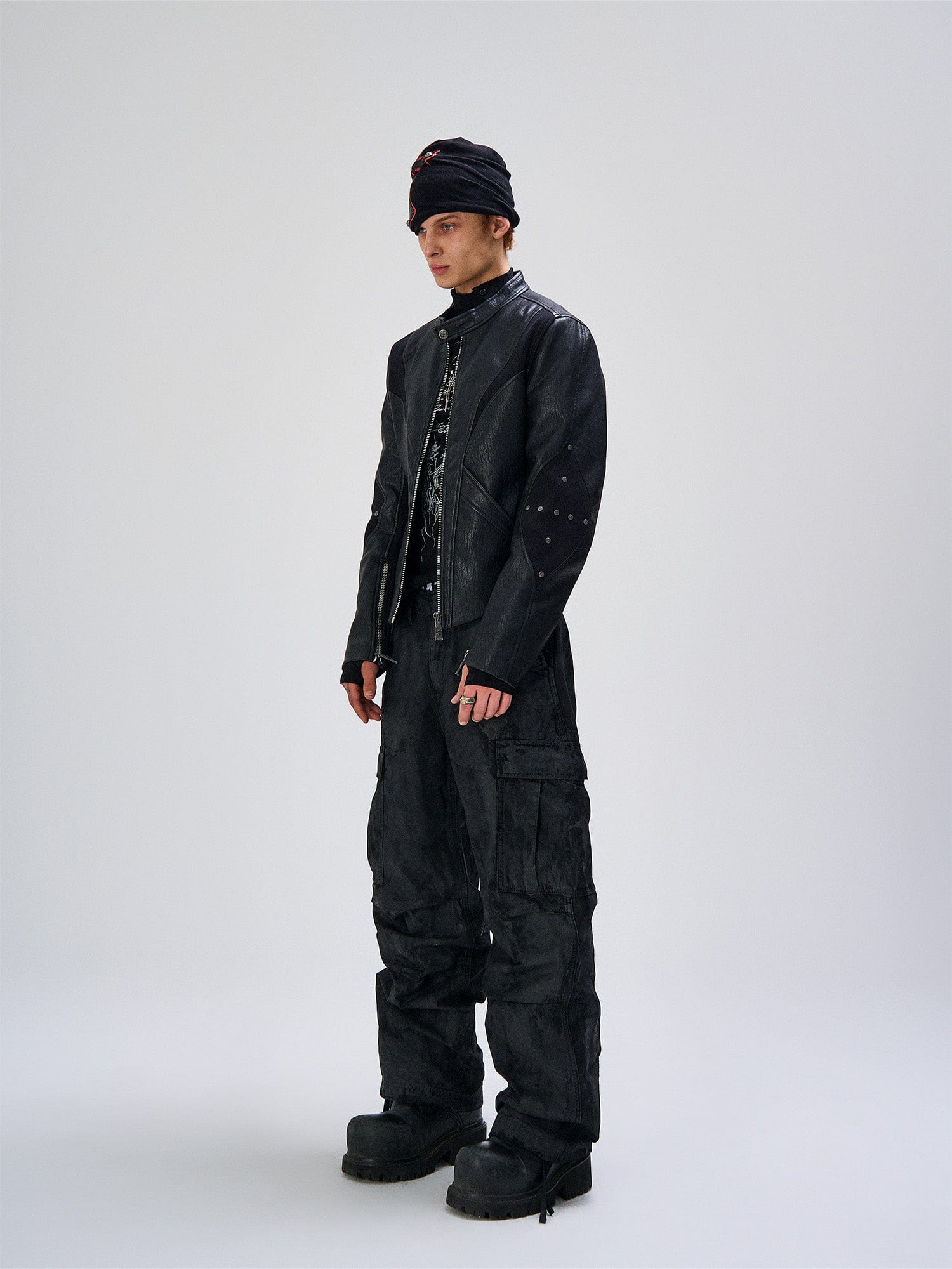 FLYERRER Structured Panel Faux Leather Biker Jacket