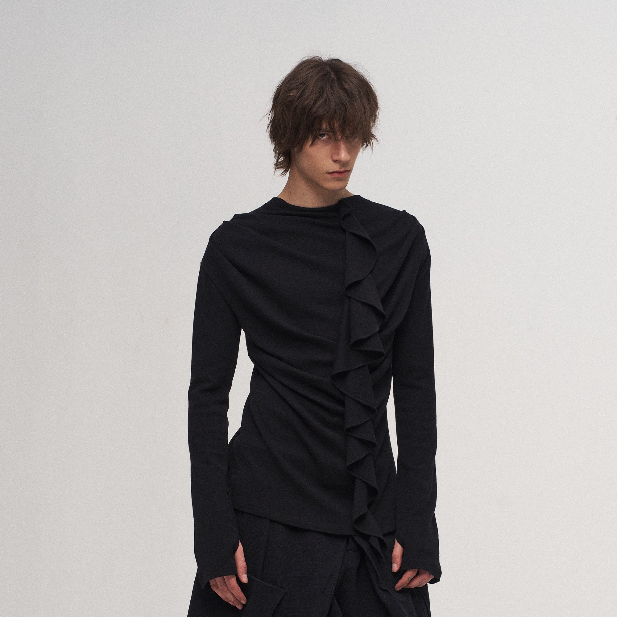 ILNya Nieternite Nifutur Ruffled Mock Neck Thumb Holes Wrinkled Base Layer, premium urban and streetwear designers apparel on PROJECTISR.com, ILNya Nieternite Nifutur
