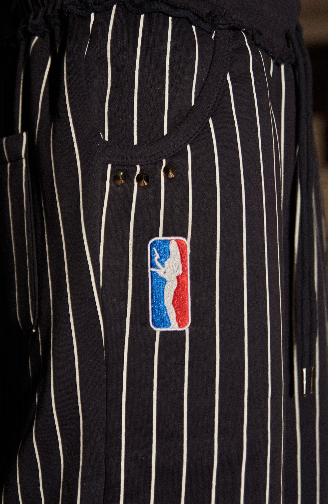 PHANTOMHUNTER Stripe Embroidered Studded Pants, premium urban and streetwear designers apparel on PROJECTISR.com, PHANTOMHUNTER