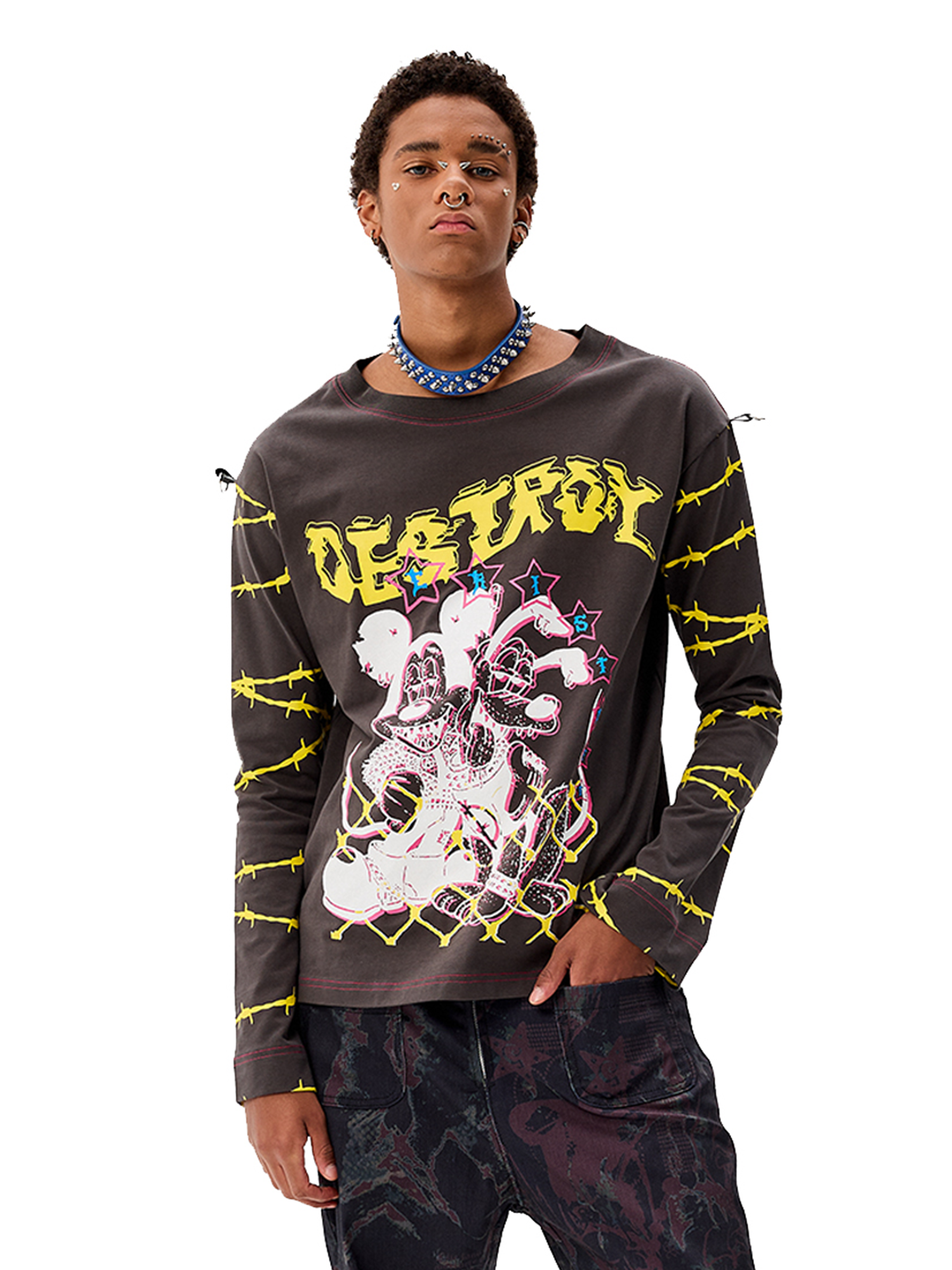 CYCYCY Punk Cartoon Mouse Graphic Long-Sleeve Tee