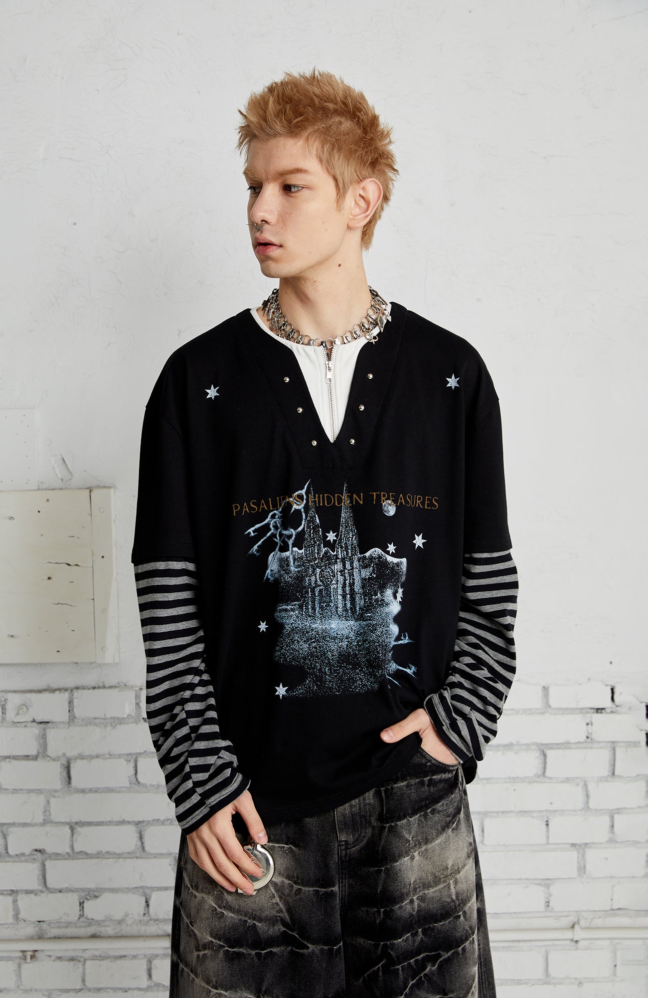 PASET Layered Stripe Graphic Long-Sleeve Tee