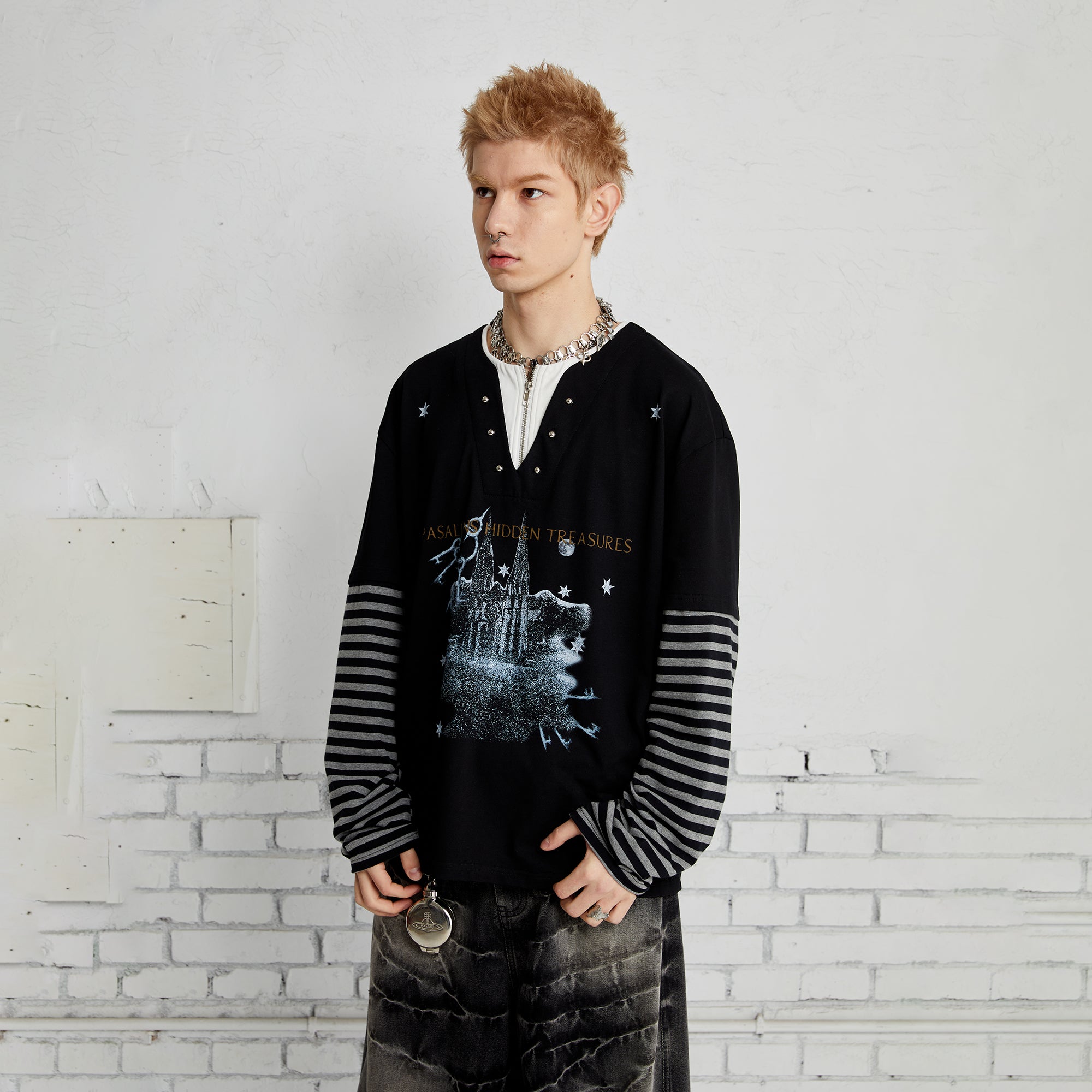 PASET Layered Stripe Graphic Long-Sleeve Tee