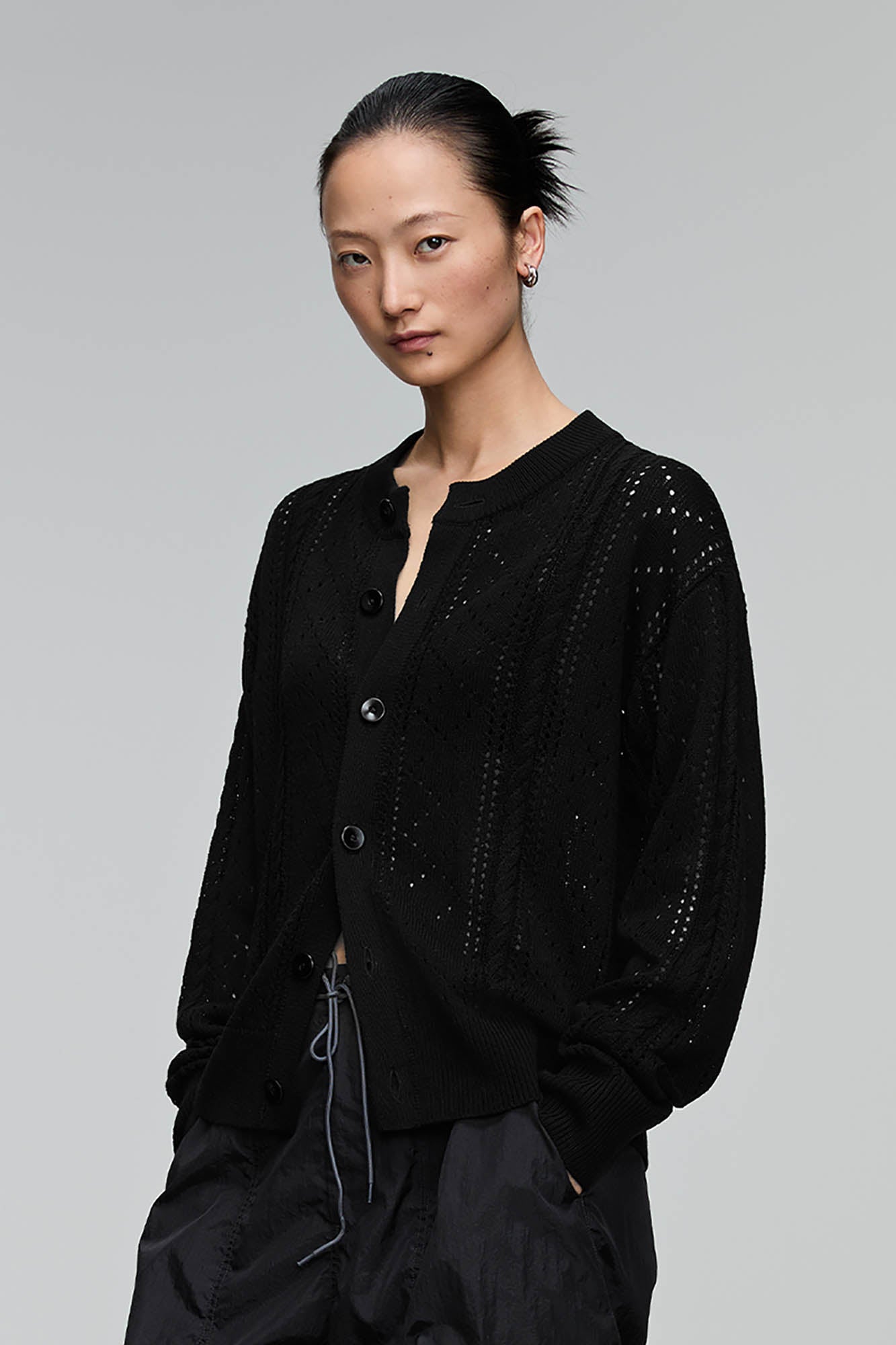 OPICLOTH Eyelet Knit Button-Up Cardigan